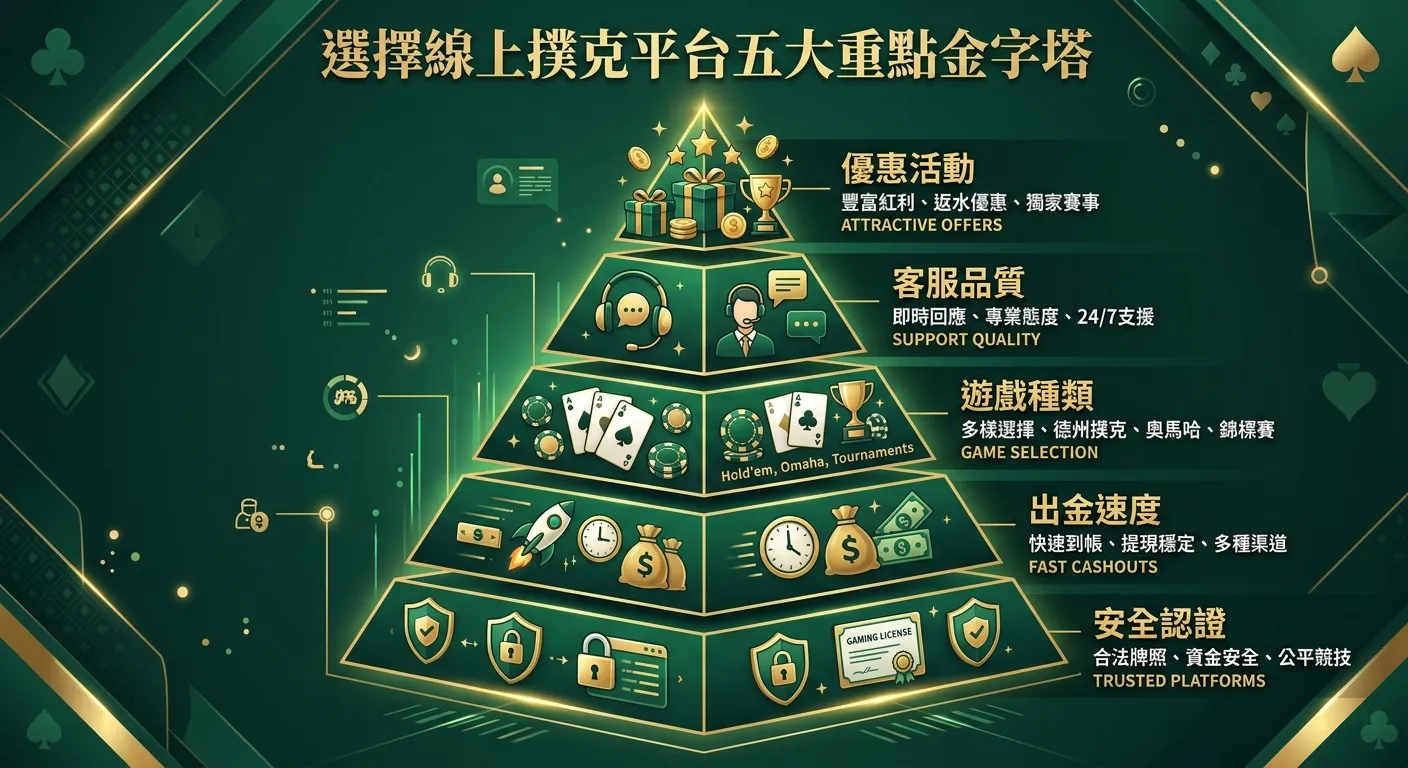 選擇線上撲克平台五大重點金字塔圖，由底部到頂部：安全認證（最底層最寬）→ 出金速度 → 遊戲種類 → 客服品質 → 優惠活動（最頂層最窄），每層標示對應圖示和簡要說明。配色使用深綠與金色