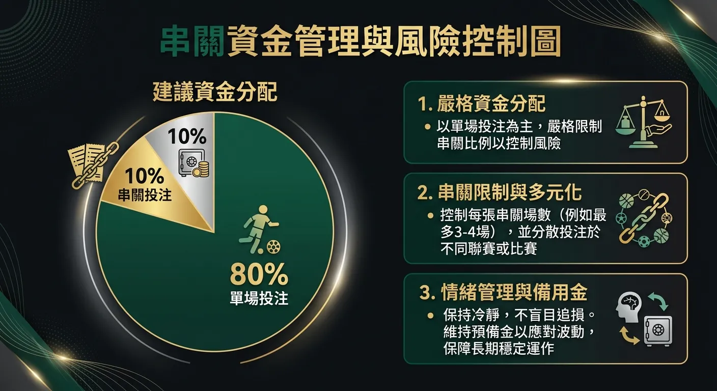 串關資金管理與風險控制圖，圓餅圖呈現建議資金分配：80% 單場投注（深綠色）、10% 串關投注（金色）、10% 預備金（銀色），圓餅圖旁附三條風險控制原則文字，配色使用金色與深墨綠