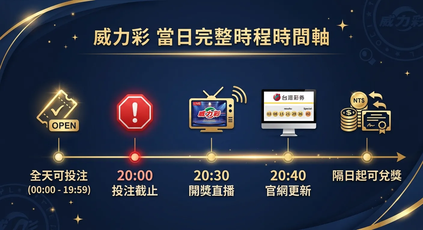 威力彩當日完整時程時間軸，由左至右橫向排列：「全天可投注」→「20:00 投注截止」（紅色警示圖示）→「20:30 開獎直播」（電視圖示）→「20:40 官網更新」（電腦螢幕圖示）→「隔日起可兌獎」（金幣圖示），配色深藍底金色時間軸