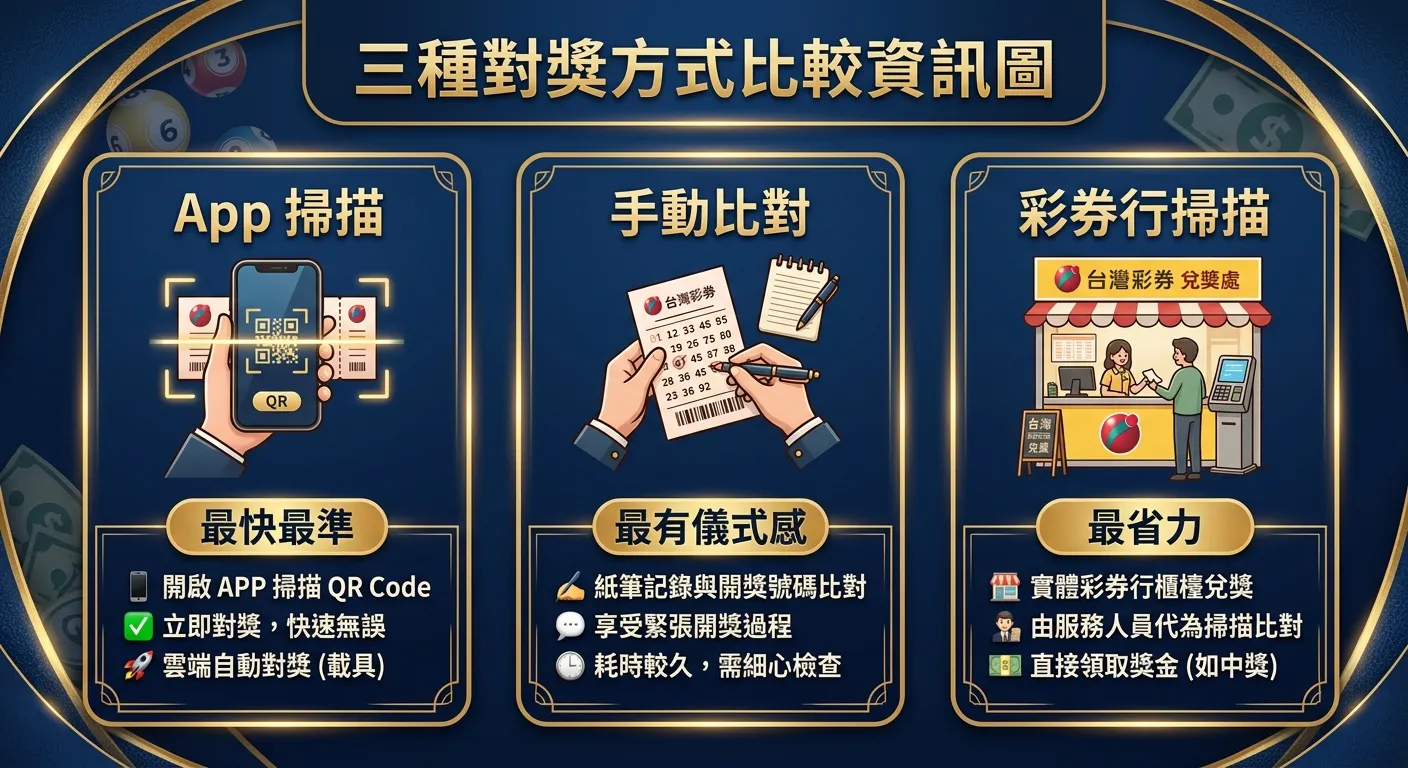 三種對獎方式比較資訊圖，三個卡片橫向排列：卡片 1「App 掃描」（手機+掃描線圖示，標籤「最快最準」）、卡片 2「手動比對」（紙筆圖示，標籤「最有儀式感」）、卡片 3「彩券行掃描」（店面圖示，標籤「最省力」），配色深藍底金色邊框