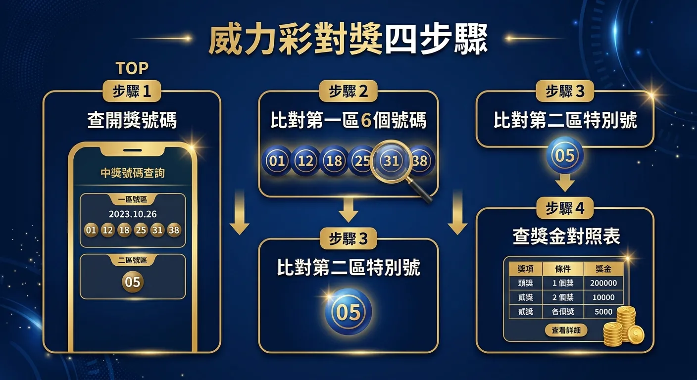 威力彩對獎四步驟流程圖，由上至下排列：步驟 1「查開獎號碼」（手機螢幕圖示）→ 步驟 2「比對第一區 6 個號碼」（6 個號碼球圖示）→ 步驟 3「比對第二區特別號」（1 個藍色號碼球圖示）→ 步驟 4「查獎金對照表」（金幣圖示），每步驟用箭頭連接，配色深藍搭配金色