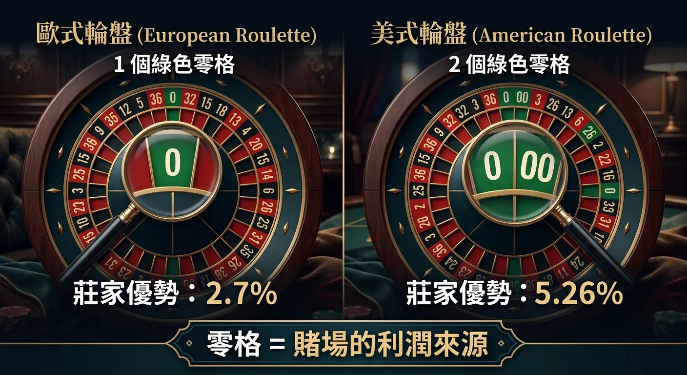 輪盤零格對莊家優勢的影響說明圖，以並排的兩個輪盤盤面呈現：左側為歐式輪盤（1 個綠色零格，標示 2.7%），右側為美式輪盤（2 個綠色零格，標示 5.26%），零格用放大鏡效果突出顯示，下方附文字說明「零格 = 賭場的利潤來源」，深色調。