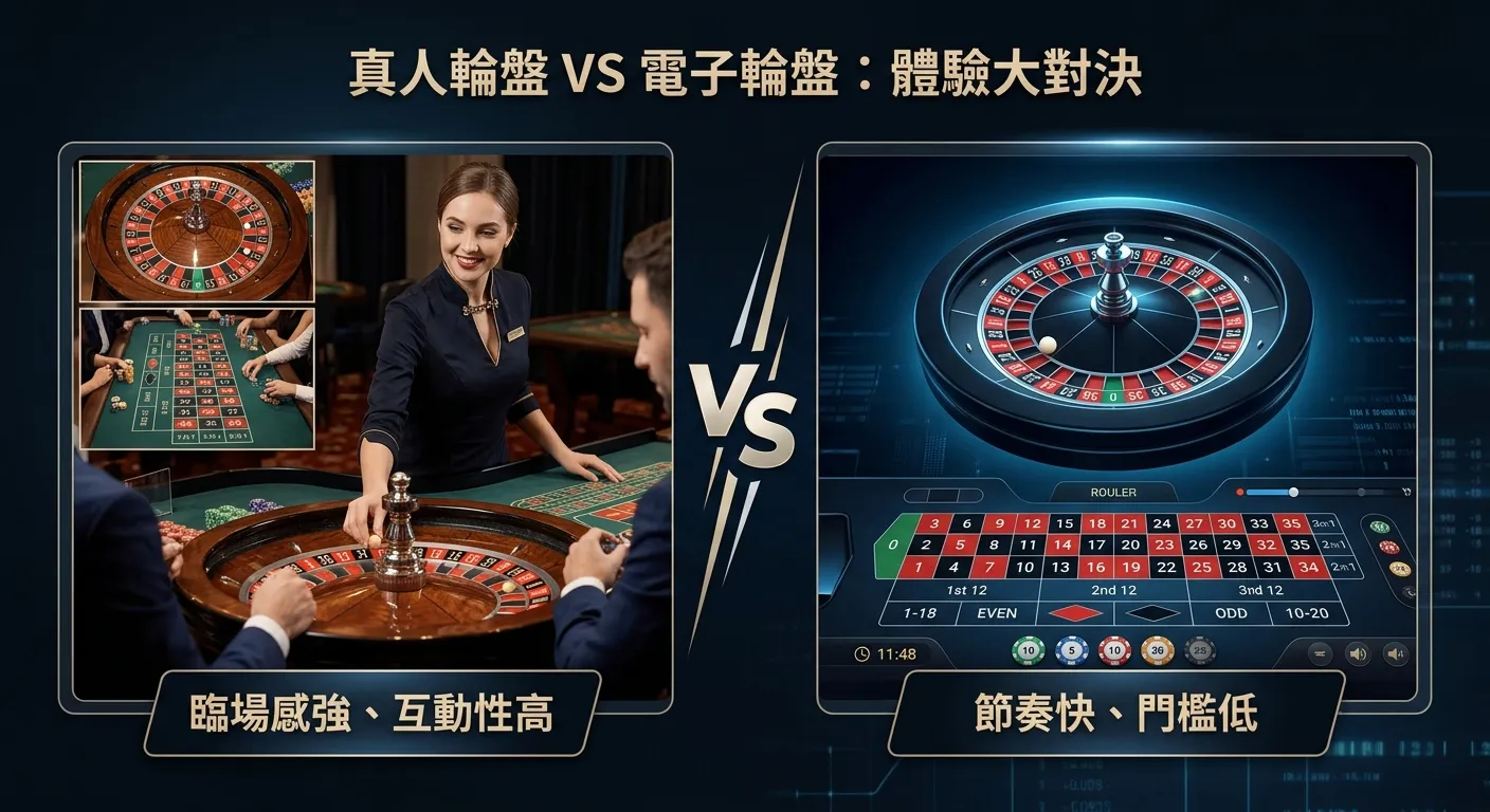 真人輪盤 vs 電子輪盤體驗對照圖，左側為真人輪盤畫面（荷官在轉盤前操作，多角度鏡頭），標籤「臨場感強、互動性高」。右側為電子輪盤介面（3D 動畫輪盤和下注面板），標籤「節奏快、門檻低」。中間 VS 標記，深色調。