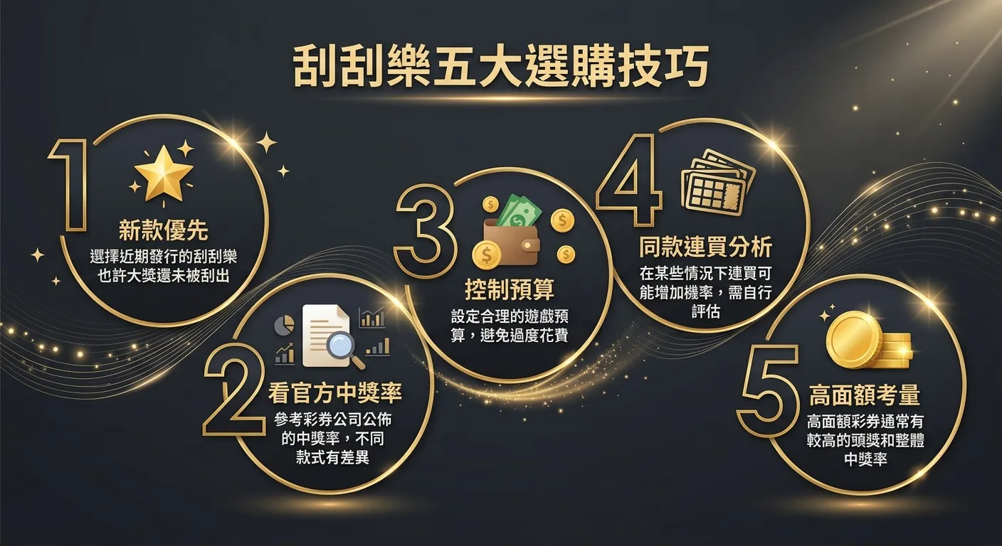 刮刮樂五大選購技巧資訊圖，以五個帶數字編號的圓形圖示排列：1.新款優先（星星圖示）2.看官方中獎率（文件圖示）3.控制預算（錢包圖示）4.同款連買分析（堆疊卡片圖示）5.高面額考量（金幣圖示），配色使用金色標號與深灰背景