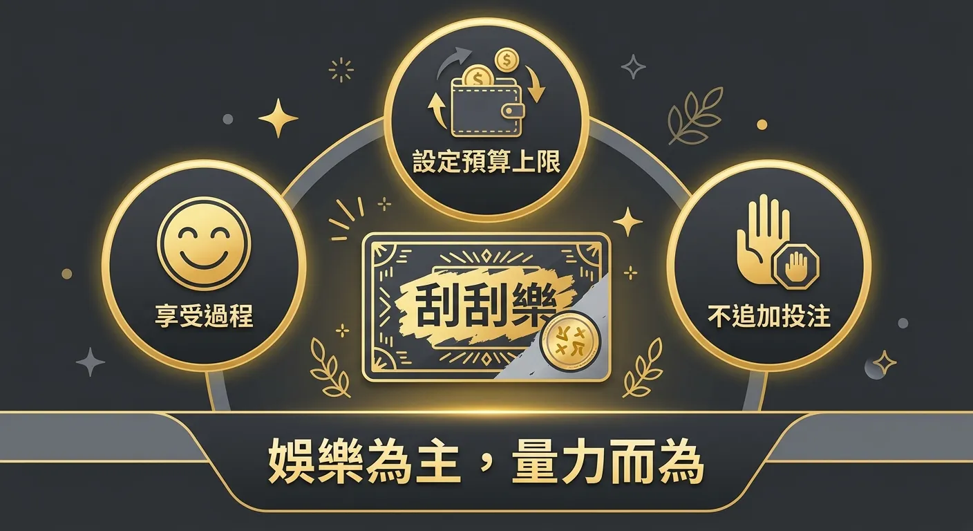 刮刮樂理性購買提醒資訊圖，中央為一張刮刮樂彩券圖示，周圍環繞三個提醒圓框：「設定預算上限」（錢包圖示）、「享受過程」（笑臉圖示）、「不追加投注」（停止手勢圖示），底部文字「娛樂為主，量力而為」。配色使用金色與深灰