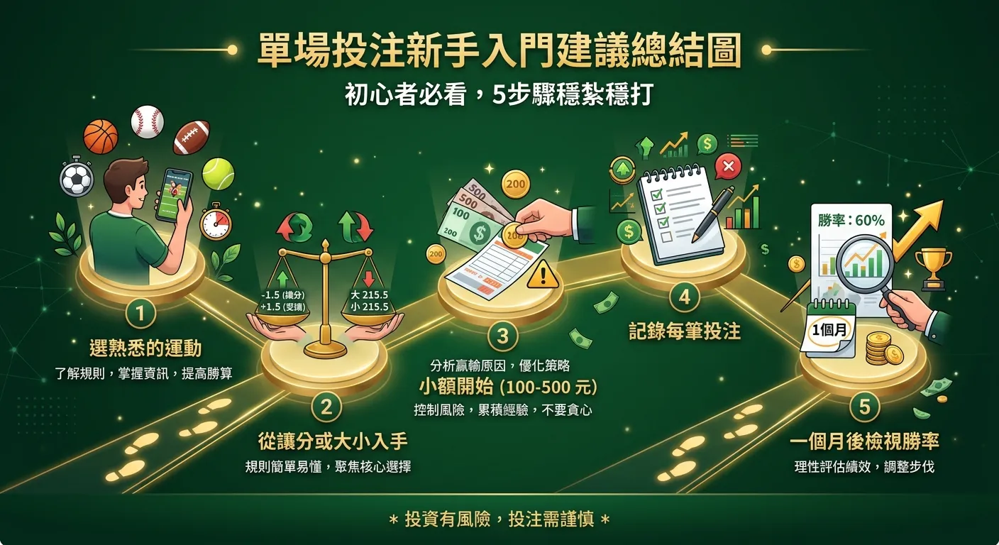 單場投注新手入門建議總結圖，五個步驟以路徑圖呈現：Step 1 選熟悉的運動 → Step 2 從讓分或大小入手 → Step 3 小額開始（100-500 元）→ Step 4 記錄每筆投注 → Step 5 一個月後檢視勝率，路徑用金色線條連接，各步驟旁有簡短圖示，深綠背景