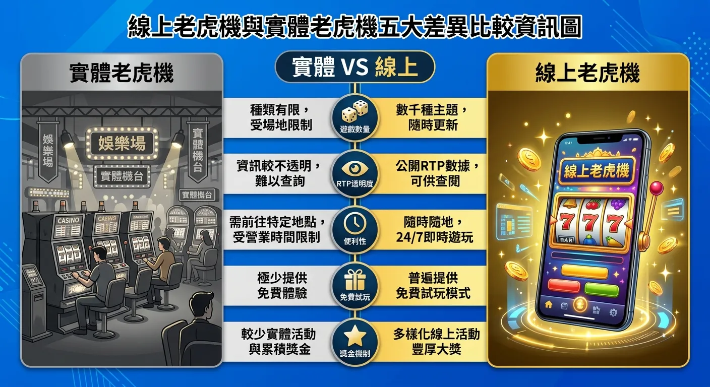 線上老虎機與實體老虎機五大差異比較資訊圖，左右對比佈局，左側「實體老虎機」用灰色系呈現（遊藝場圖示），右側「線上老虎機」用金色系呈現（手機圖示），中間五個比較項目以圖示連接：骰子=遊戲數量、眼睛=RTP透明度、時鐘=便利性、禮物=免費試玩、星星=獎金機制
