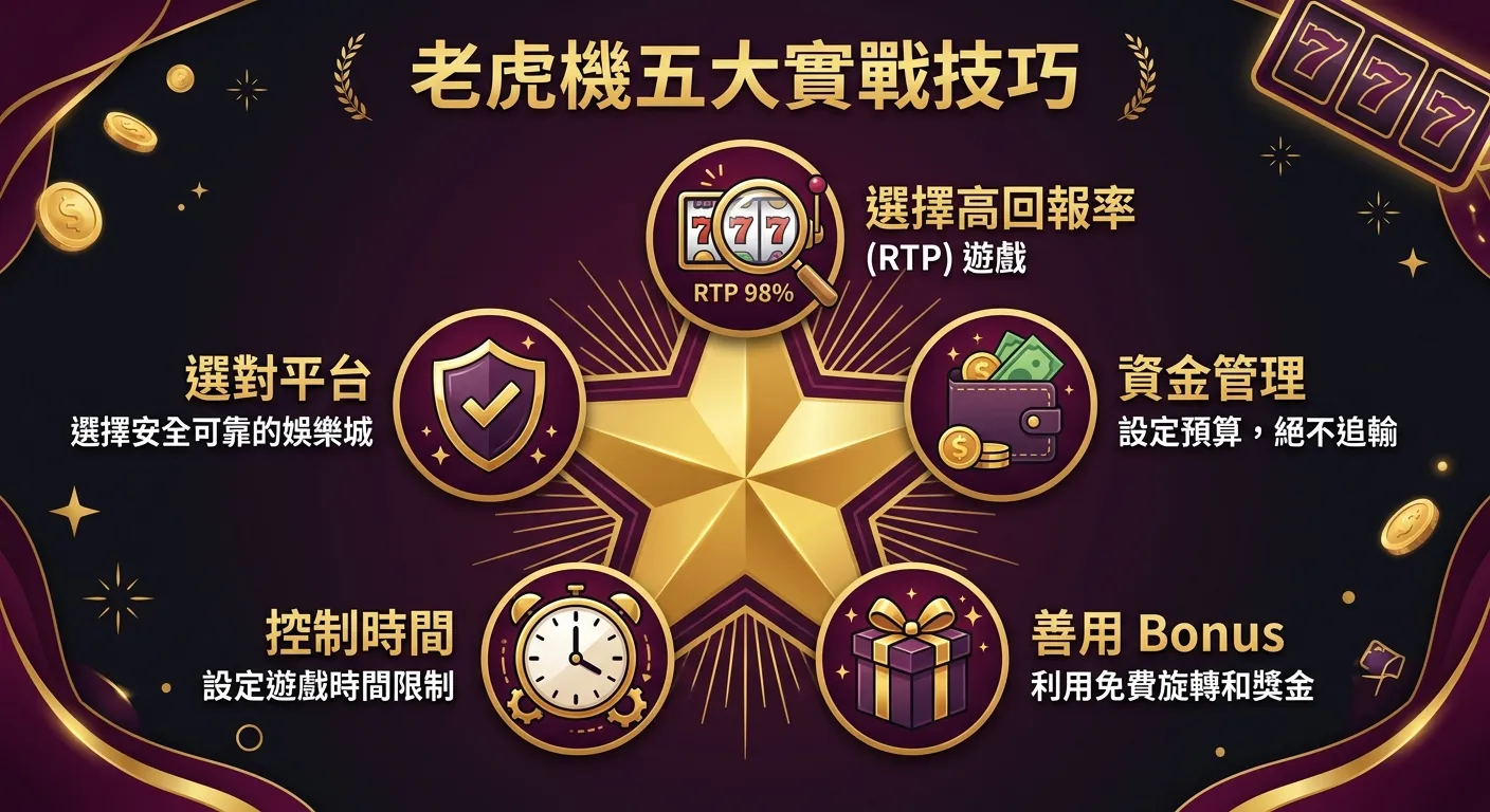 老虎機五大實戰技巧資訊圖，中央為五角星形狀佈局，五個頂點分別對應五個技巧：選高 RTP（放大鏡圖示）、資金管理（錢包圖示）、善用 Bonus（禮物圖示）、控制時間（時鐘圖示）、選對平台（盾牌圖示），每個技巧旁有簡短一句話說明，配色使用金色與深紫色