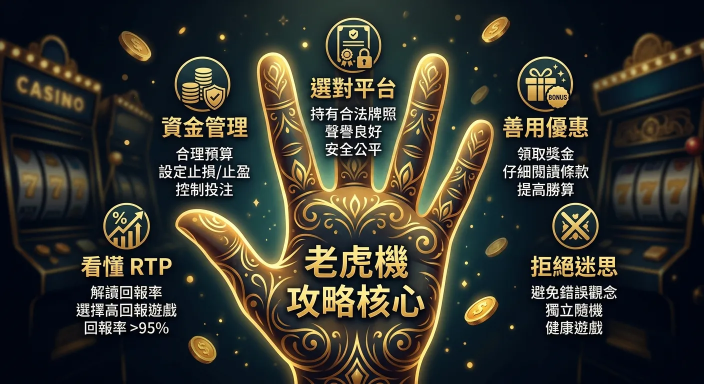 老虎機攻略五大核心重點摘要圖，以手掌圖形呈現，五根手指分別對應五個重點：大拇指=看懂 RTP、食指=資金管理、中指=選對平台、無名指=善用優惠、小指=拒絕迷思，每根手指旁有簡短標語，手掌中心寫「老虎機攻略核心」，配色金色與深色系
