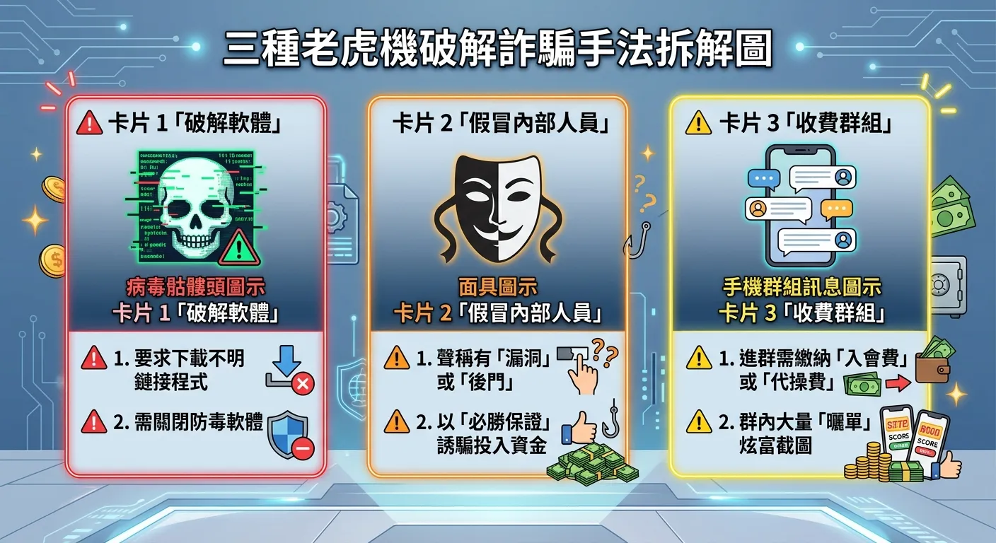 三種老虎機破解詐騙手法拆解圖，三個直立卡片並排：卡片 1「破解軟體」（病毒骷髏頭圖示，紅色警告邊框）、卡片 2「假冒內部人員」（面具圖示，橙色警告邊框）、卡片 3「收費群組」（手機群組訊息圖示，黃色警告邊框），每張卡片下方列出兩個辨識警訊