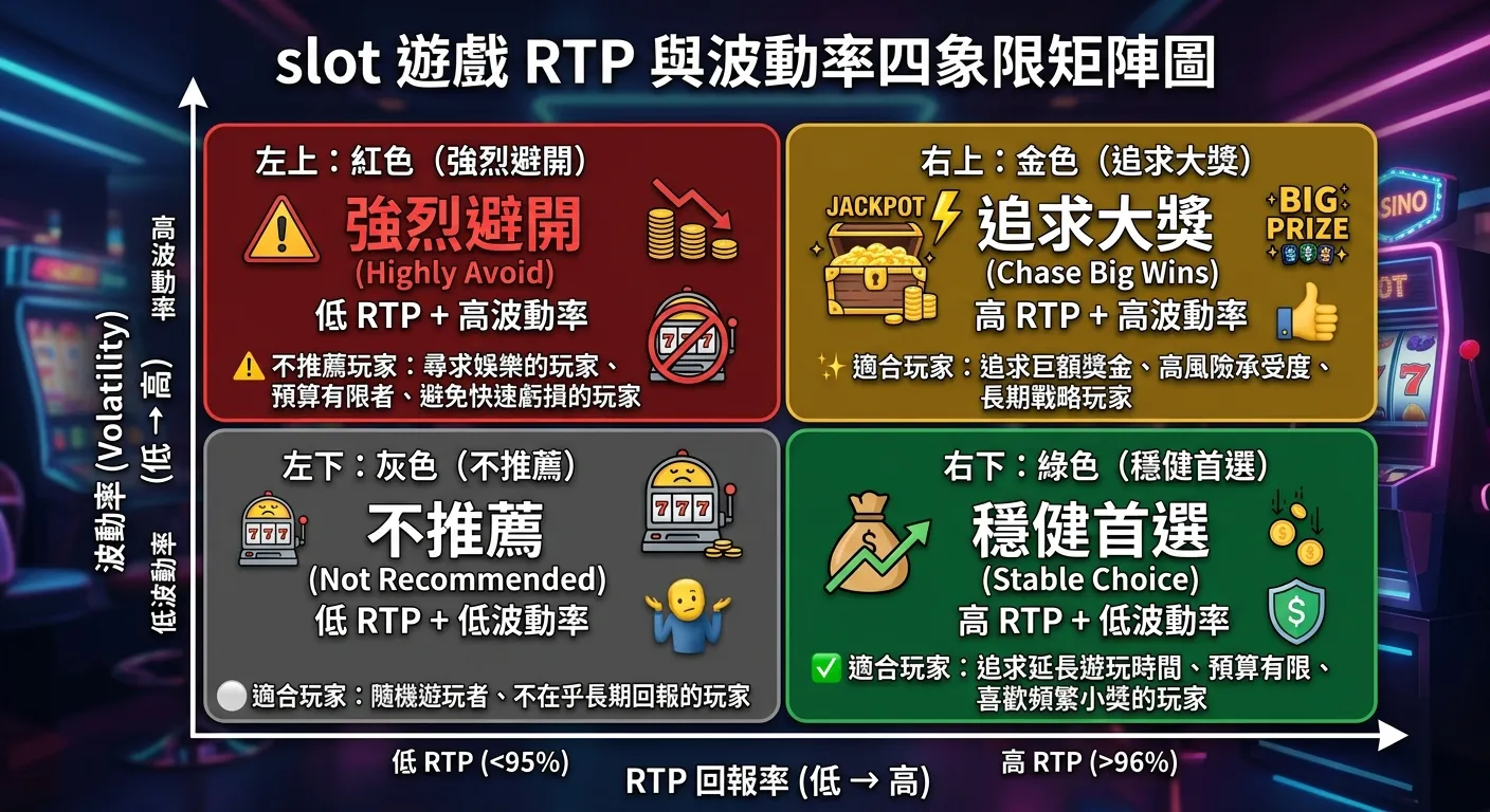 RTP 與波動率四象限矩陣圖，X 軸為 RTP（低→高），Y 軸為波動率（低→高），四個象限用不同顏色標示：左下灰色（不推薦）、左上紅色（強烈避開）、右下綠色（穩健首選）、右上金色（追求大獎），每個象限內標示適合的玩家類型