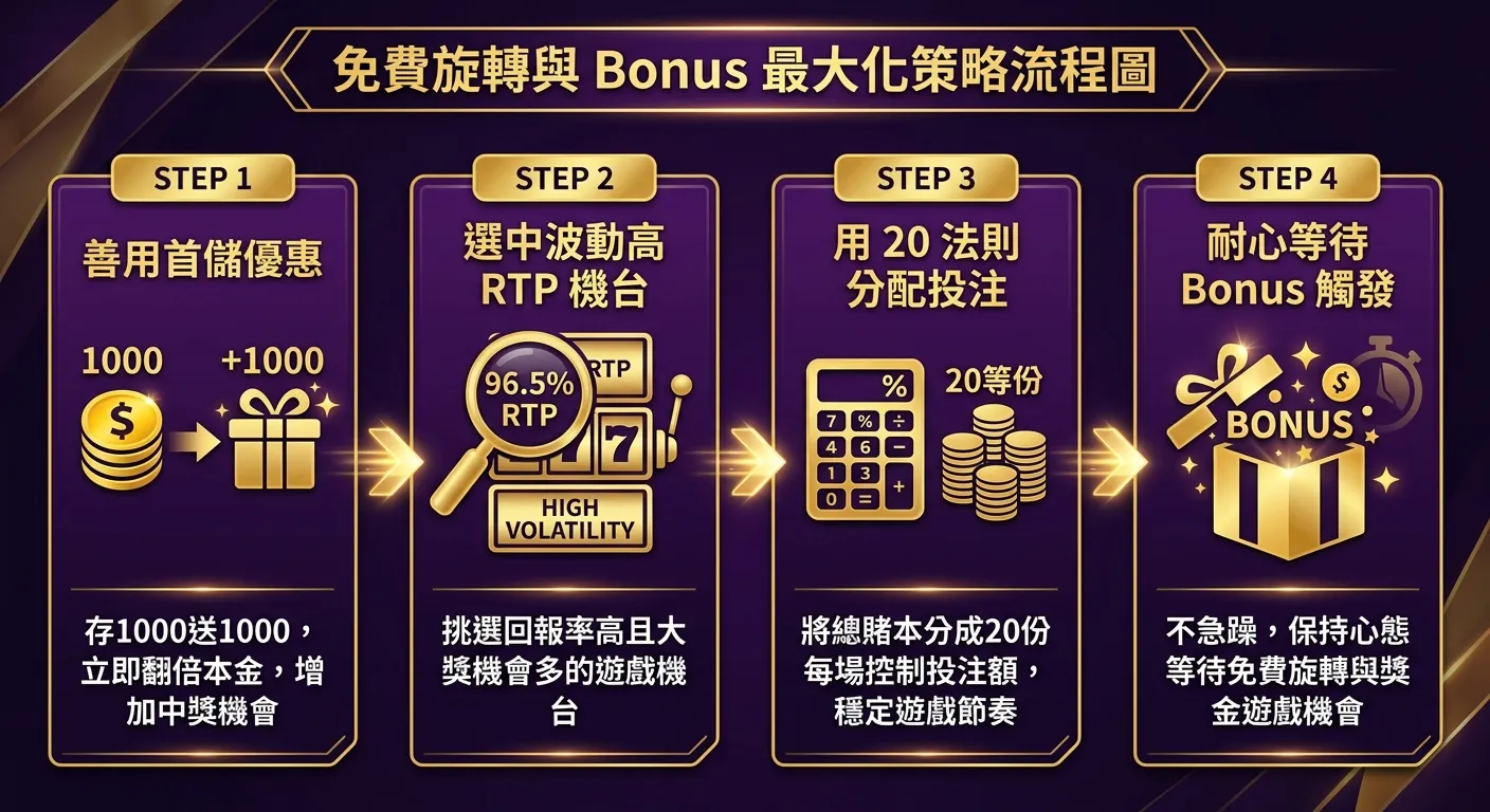 免費旋轉與 Bonus 最大化策略流程圖，由左至右四個步驟：Step 1 善用首儲優惠（1000+1000 圖示）→ Step 2 選中波動高 RTP 機台（放大鏡圖示）→ Step 3 用 20 法則分配投注（計算器圖示）→ Step 4 耐心等待 Bonus 觸發（禮物圖示），步驟之間用箭頭連接，配色金色與深紫