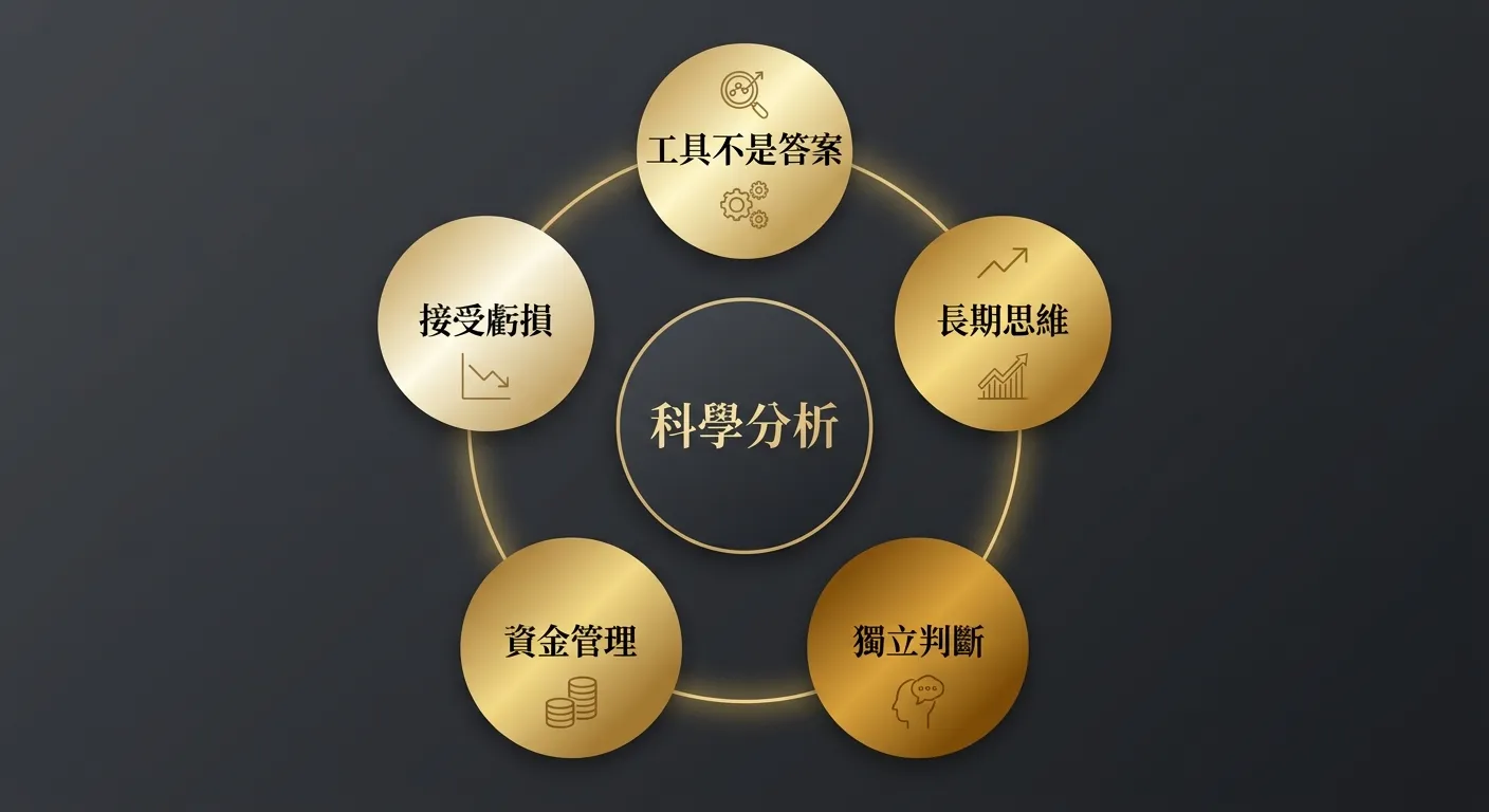 正確運彩分析觀念五原則圖，五個圓形區塊呈環形排列：中心為「科學分析」字樣，周圍五個圓分別標示「工具不是答案」「長期思維」「獨立判斷」「資金管理」「接受虧損」，每個圓用深淺不同的金色表示，配色使用金色系與深灰背景