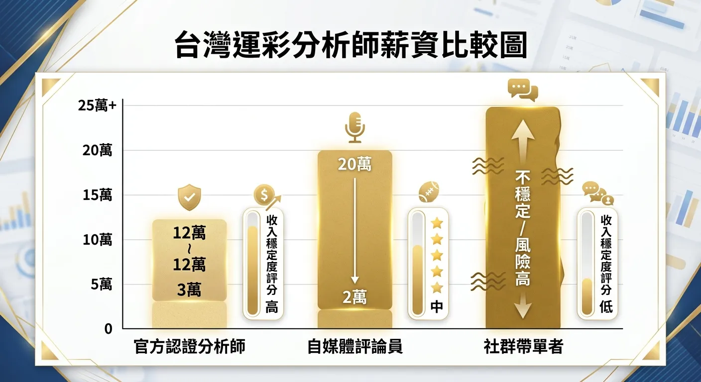 運彩分析師薪資比較圖，三個直條呈現三種類型的薪資範圍：官方認證分析師（3-12萬）、自媒體評論員（2-20萬）、社群帶單者（不穩定/風險高），每個直條用不同深淺的金色表示，旁邊標註收入穩定度評分