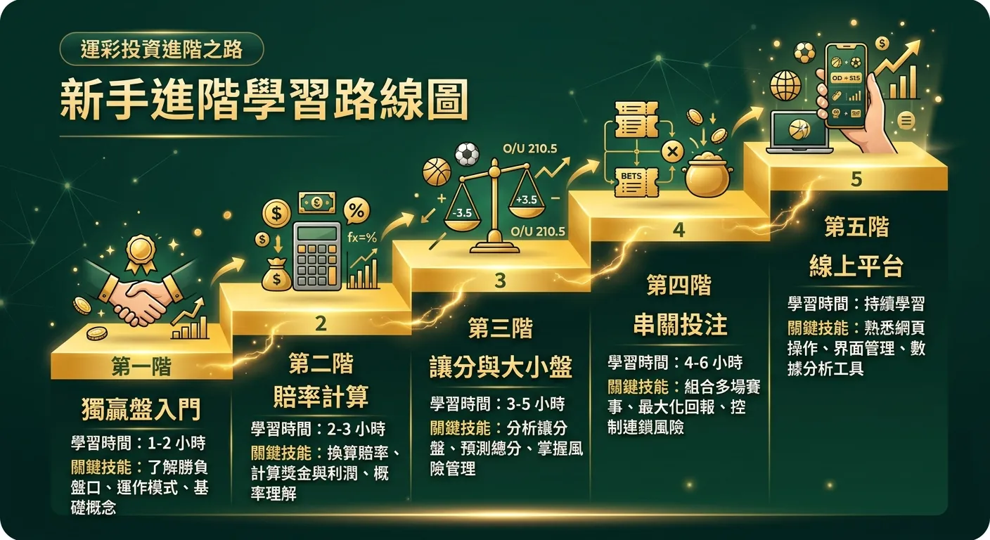 新手進階學習路線圖，由左到右呈階梯狀上升：第一階「獨贏盤入門」→ 第二階「賠率計算」→ 第三階「讓分與大小盤」→ 第四階「串關投注」→ 第五階「線上平台」，每階附對應的學習時間和關鍵技能，配色使用金色階梯與深墨綠背景