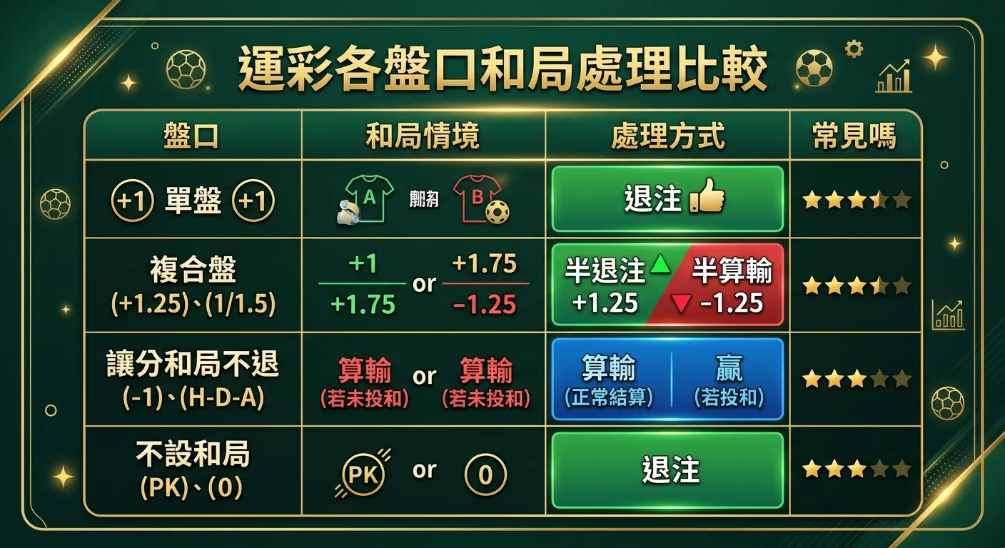 運彩各盤口和局處理比較表格圖，四行分別代表四種盤口類型，列標題為「盤口」「和局情境」「處理方式」「常見嗎」，用顏色區分處理結果：綠色=退注、紅色=算輸、藍色=正常結算，金色與深綠配色