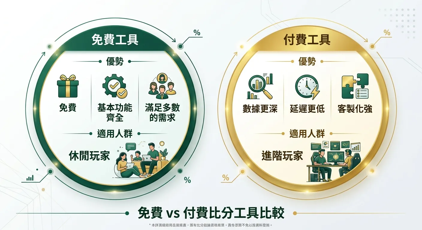 免費 vs 付費比分工具比較圖，兩個圓形區塊：左側「免費工具」列出三項優點（免費、基本功能齊全、滿足多數需求）和適用人群（休閒玩家），右側「付費工具」列出三項優點（數據更深、延遲更低、客製化強）和適用人群（進階玩家），配色使用金色與深綠色系