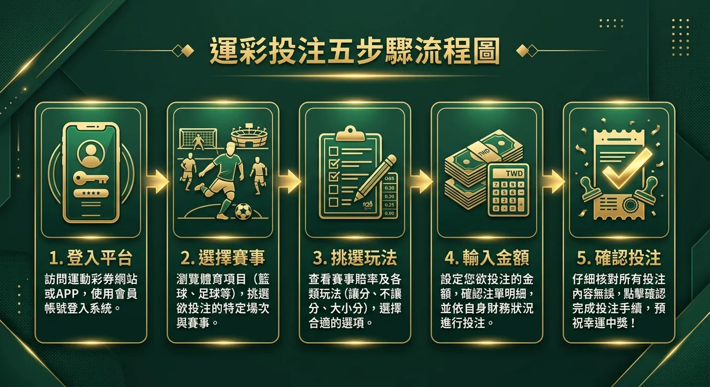 運彩投注五步驟流程圖，由左到右依序：1.登入平台（手機圖示）→ 2.選擇賽事（球賽圖示）→ 3.挑選玩法（清單圖示）→ 4.輸入金額（鈔票圖示）→ 5.確認投注（勾選圖示），每步驟間以箭頭連接，下方附簡短說明文字，配色使用金色與深墨綠