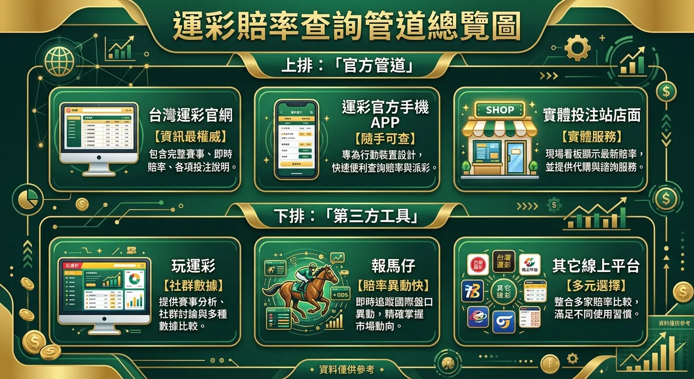 運彩賠率查詢管道總覽圖，分為兩排：上排「官方管道」三個圖示（官網電腦畫面、手機 APP、投注站店面），下排「第三方工具」三個圖示（玩運彩、報馬仔、線上平台），每個圖示旁標示名稱和一句話特色，金色與深綠配色