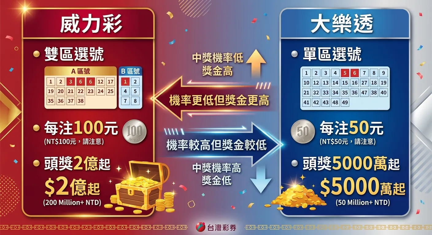 威力彩與大樂透比較對照圖，左右兩欄並排：左欄「威力彩」列出雙區選號、每注100元、頭獎2億起；右欄「大樂透」列出單區選號、每注50元、頭獎5000萬起。中間用箭頭標示「機率更低但獎金更高」vs「機率較高但獎金較低」，配色使用紅金與藍銀做區分
