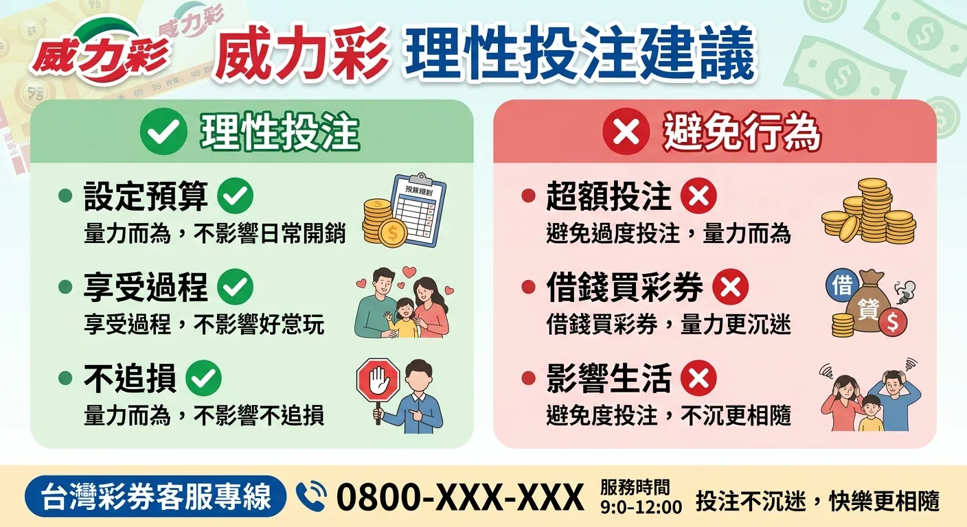 威力彩理性投注建議圖，左側為「理性投注」三項建議（設定預算、享受過程、不追損）配綠色勾選圖示，右側為「避免行為」三項（超額投注、借錢買彩券、影響生活）配紅色叉叉圖示，底部附台灣彩券客服專線，整體設計清晰易讀
