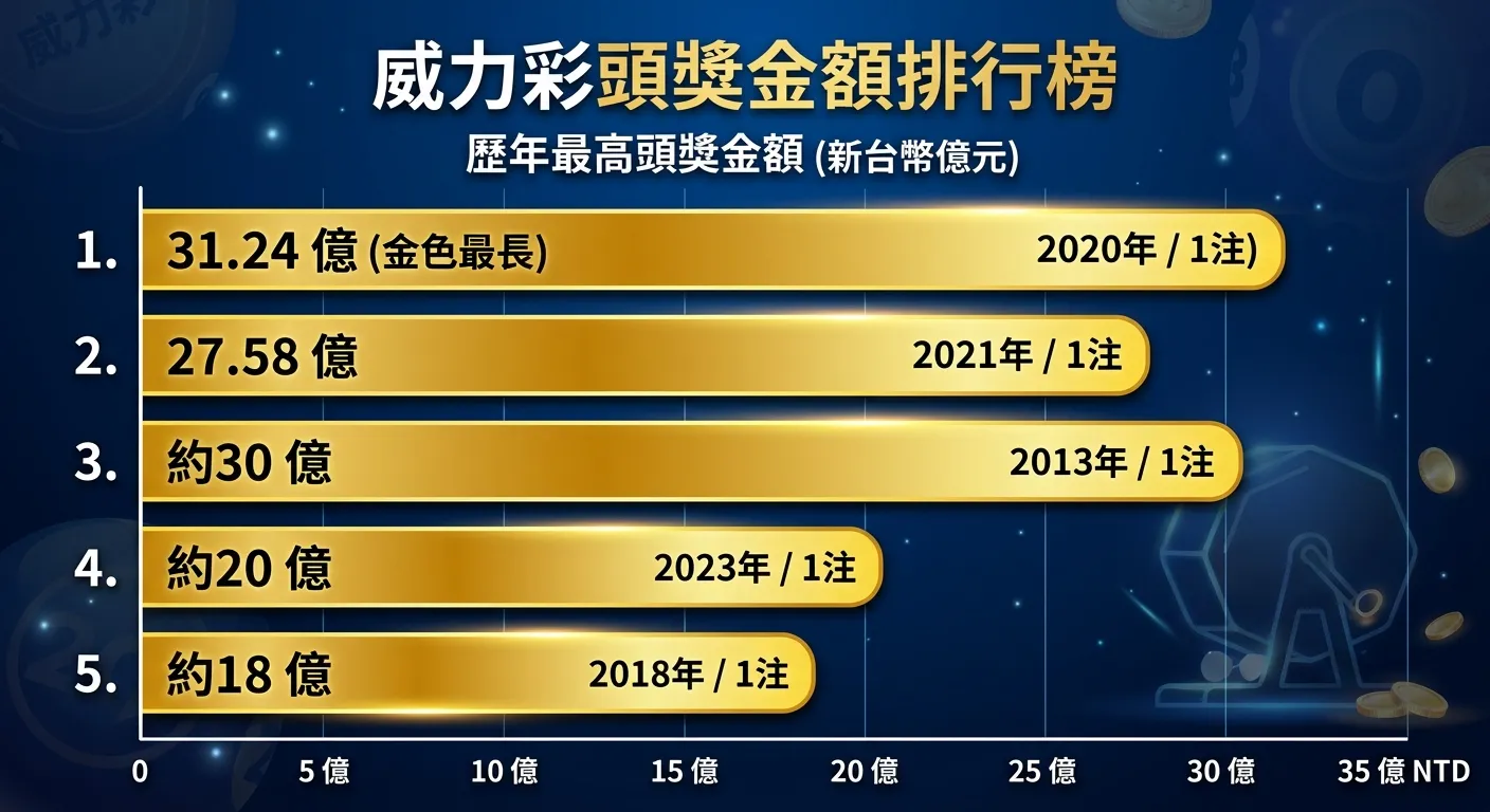 威力彩頭獎金額排行榜長條圖，五個橫向長條由上到下排列：31.24億（金色最長）、27.58億、約30億、約20億、約18億，每個長條標示年份和中獎注數，配色使用金色漸層