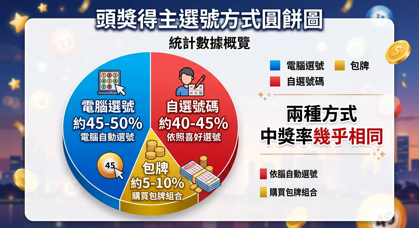 頭獎得主選號方式圓餅圖，三個扇區：「電腦選號約45-50%」（藍色）、「自選號碼約40-45%」（紅色）、「包牌約5-10%」（金色），旁邊附文字「兩種方式中獎率幾乎相同」，配色鮮明易讀