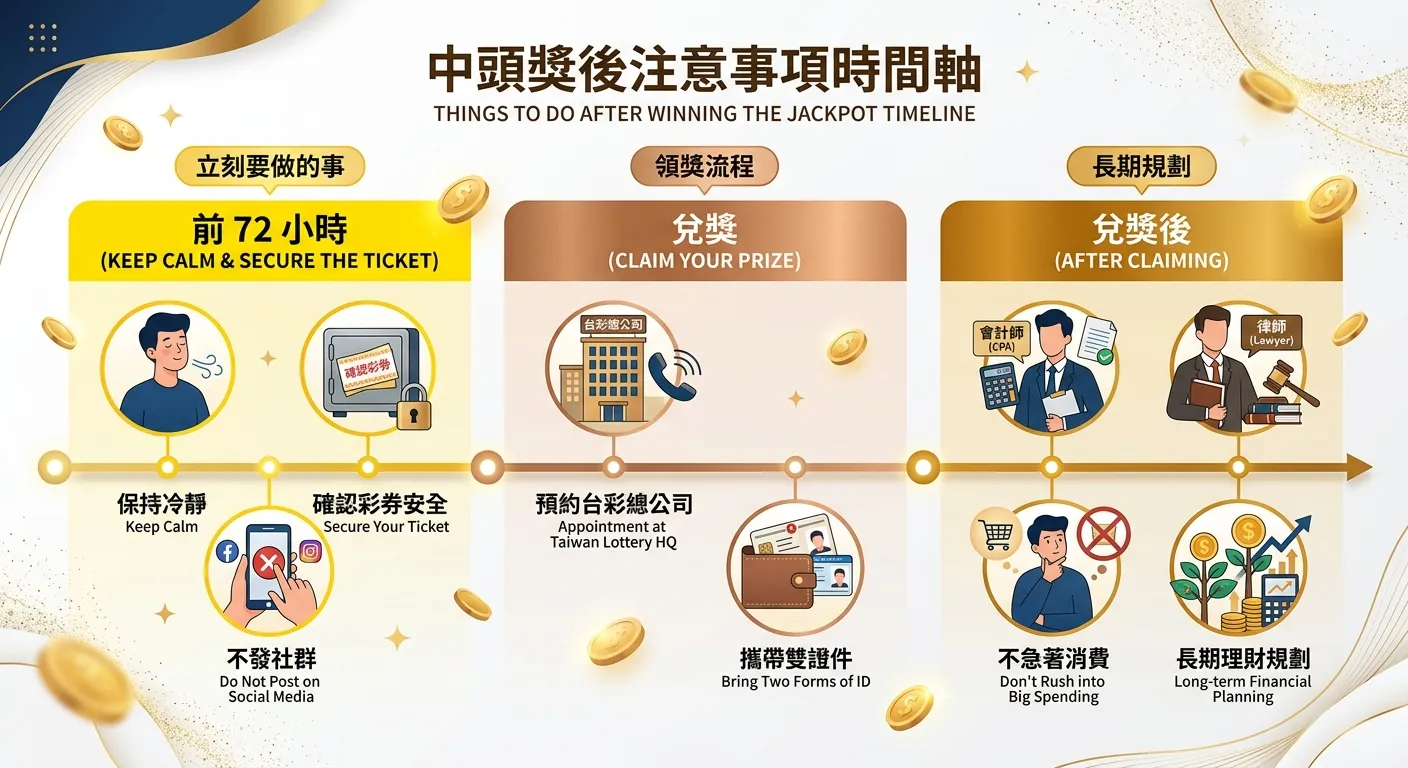 中頭獎後注意事項時間軸圖，由左至右：「前72小時」（保持冷靜、確認彩券安全、不發社群），「兌獎」（預約台彩總公司、攜帶雙證件），「兌獎後」（找會計師律師、不急著消費、長期理財規劃），每階段用不同顏色標示，配色金色系