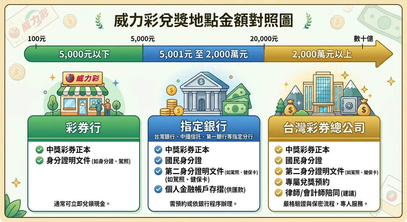威力彩兌獎地點金額對照圖，上方為金額刻度軸（從100元到數十億），分為三個區段：左段「5,000以下→彩券行」（綠色），中段「5,001-2000萬→銀行」（藍色），右段「2000萬以上→台彩總公司」（金色），每段下方附所需文件清單
