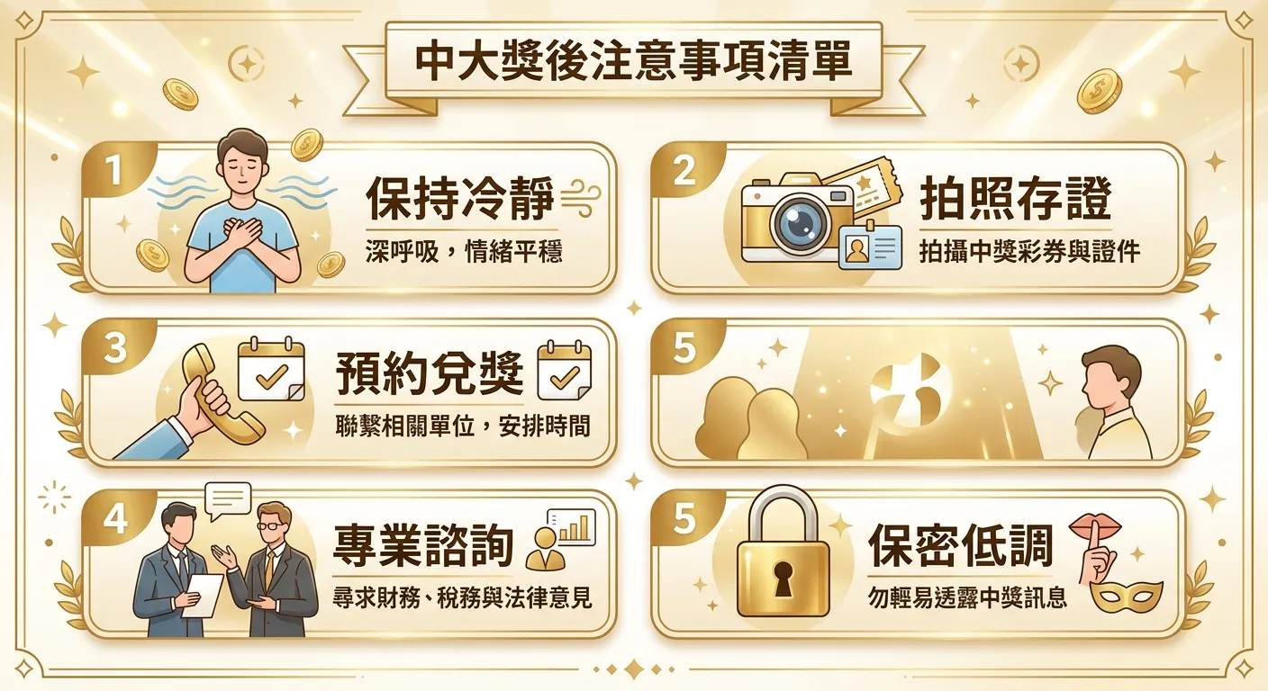 中大獎後注意事項清單圖，五個步驟由上到下排列：1.保持冷靜（深呼吸圖示）2.拍照存證（相機圖示）3.預約兌獎（電話圖示）4.專業諮詢（人物討論圖示）5.保密低調（鎖頭圖示），每個步驟附簡短說明，配色金色系