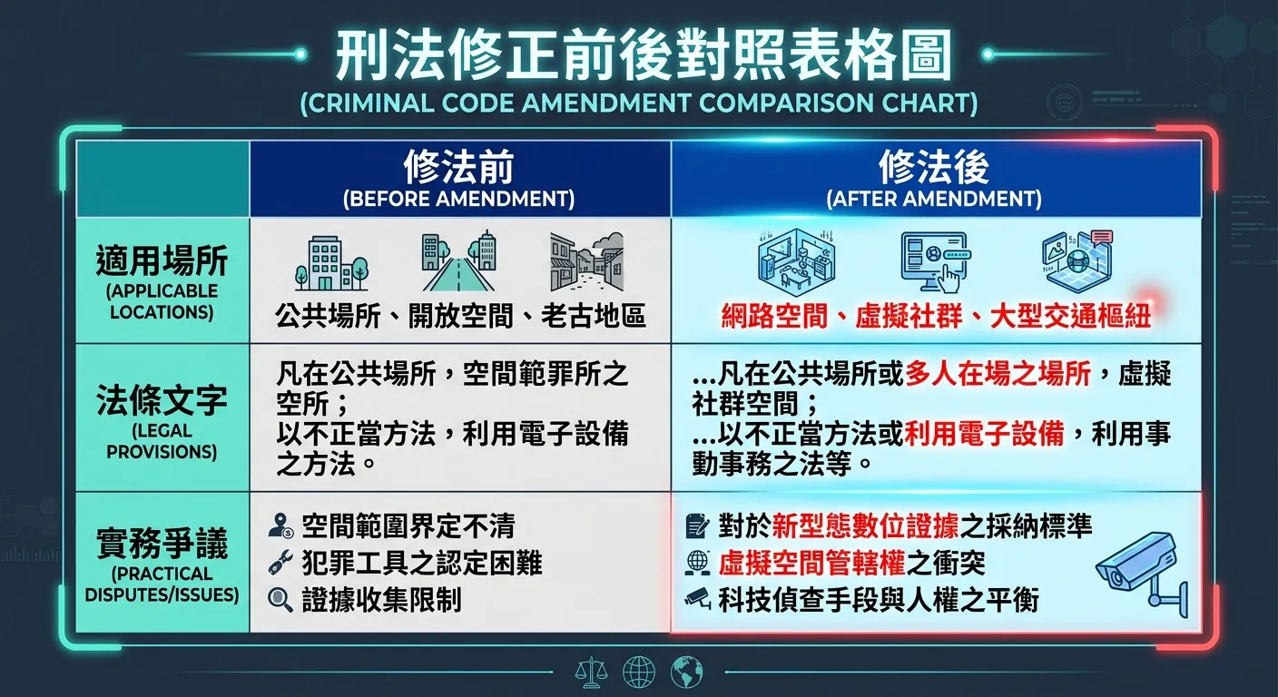 刑法修正前後對照表格圖，左欄「修法前」右欄「修法後」，比較三個面向：適用場所、法條文字、實務爭議。每個面向用顏色區分變化部分（紅色標示新增內容）。配色深藍灰底。