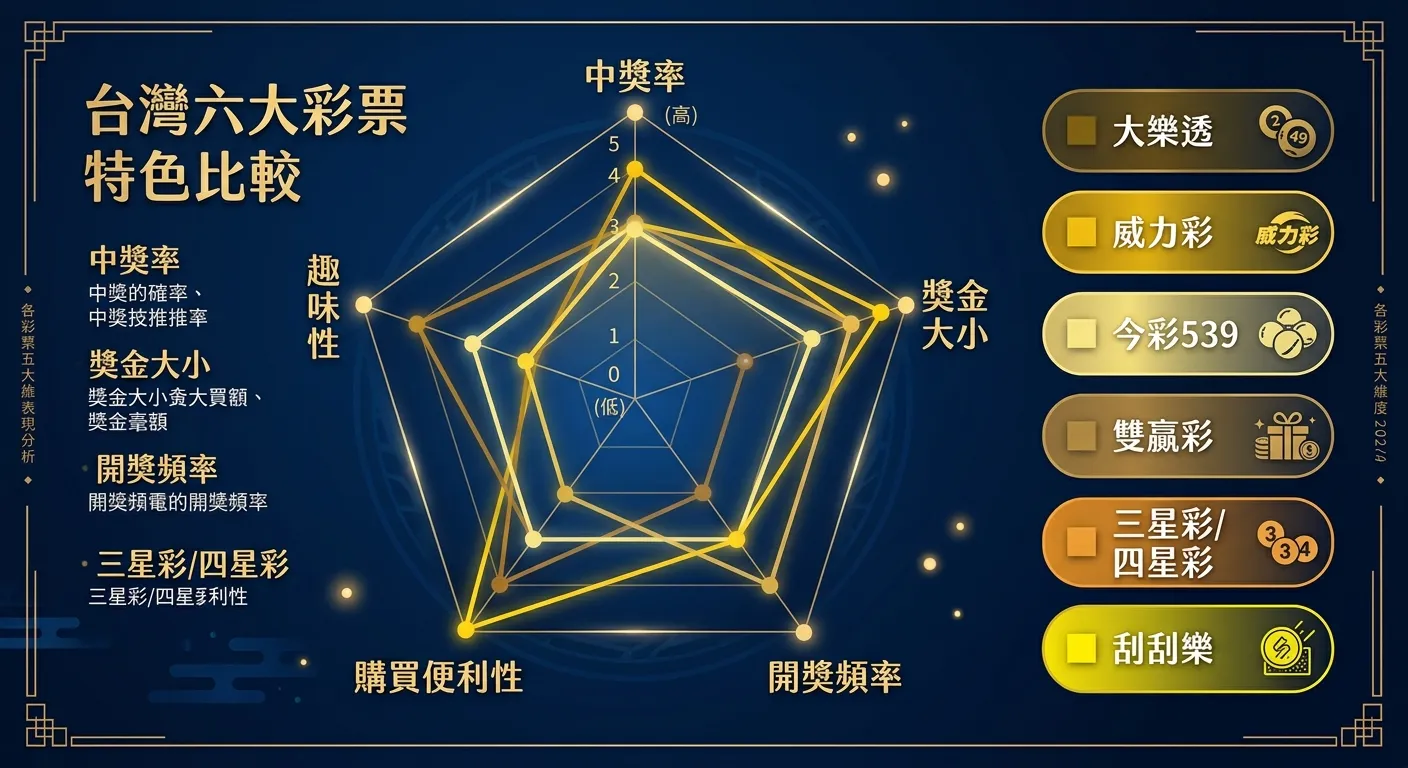 台灣六大彩票特色比較雷達圖，以六角雷達圖呈現各彩票在五個維度的表現：中獎率、獎金大小、開獎頻率、購買便利性、趣味性，六種彩票用不同顏色的線條標示，右側附圖例說明，配色使用金色系與深藍背景