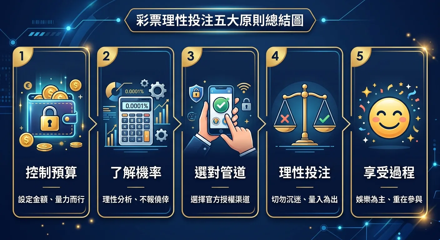 彩票理性投注五大原則總結圖，以五個步驟由左至右呈現：控制預算（錢包圖示）→ 了解機率（計算機圖示）→ 選對管道（手機圖示）→ 理性投注（天秤圖示）→ 享受過程（笑臉圖示），每步驟下方附一句話說明，配色使用金色與深藍色系