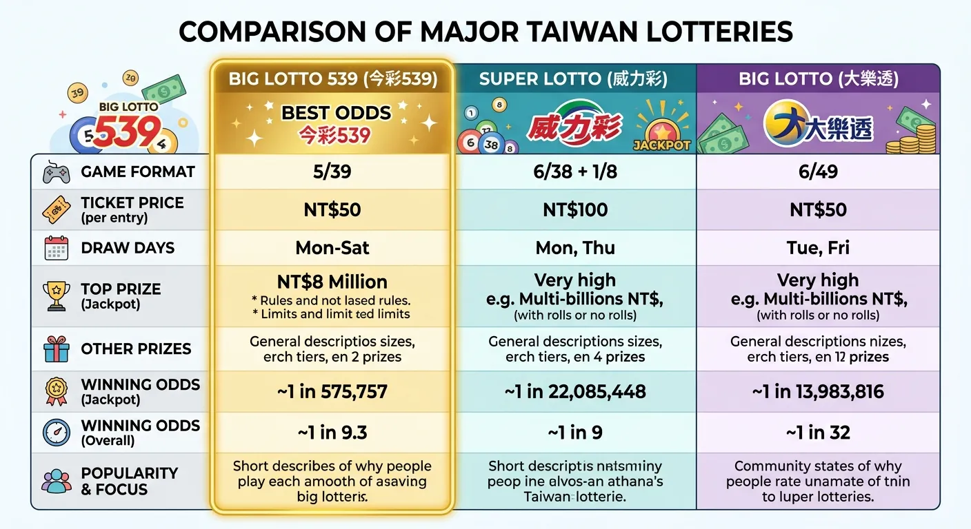 台灣三大彩券比較圖（英文版），三欄分別呈現539、Super Lotto、Big Lotto的關鍵數據，包括獎金、機率、投注金額，539欄以金色高亮標示「Best Odds」