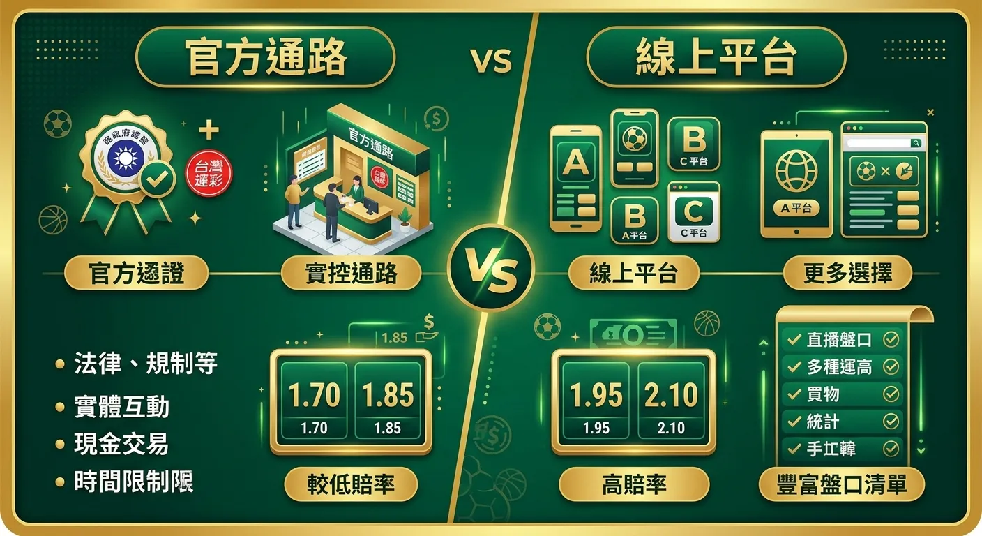 台灣運彩官方通路與線上平台比較資訊圖，左右對比版面：左側「官方通路」標示合法認證圖示、投注站圖示、較低賠率數字；右側「線上平台」標示多平台圖示、高賠率數字、豐富盤口清單，中間以 VS 分隔，配色使用金色與深綠色系