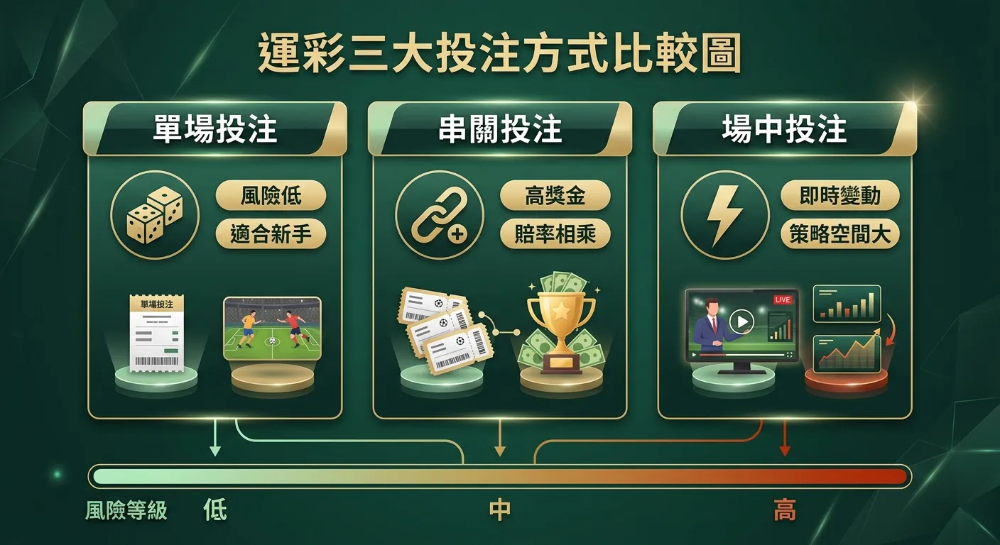 運彩三大投注方式比較圖，三欄橫向排列：「單場投注」（骰子圖示，標籤：風險低、適合新手）、「串關投注」（鎖鏈圖示，標籤：高獎金、賠率相乘）、「場中投注」（閃電圖示，標籤：即時變動、策略空間大），底部橫條顯示風險等級由低到高，配色使用金色與深綠色系