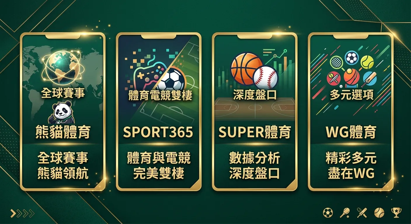 4 大體育平台特色總覽卡片圖，四張卡片橫向排列，每張卡片標示平台名稱、專長圖示與一句話特色描述：熊貓體育（地球圖示-全球賽事）、SPORT365（遊戲手把+足球-體育電競雙棲）、SUPER體育（籃球+棒球-深度盤口）、WG體育（多運動圖示-多元選項），配色使用金色卡片邊框與深綠背景