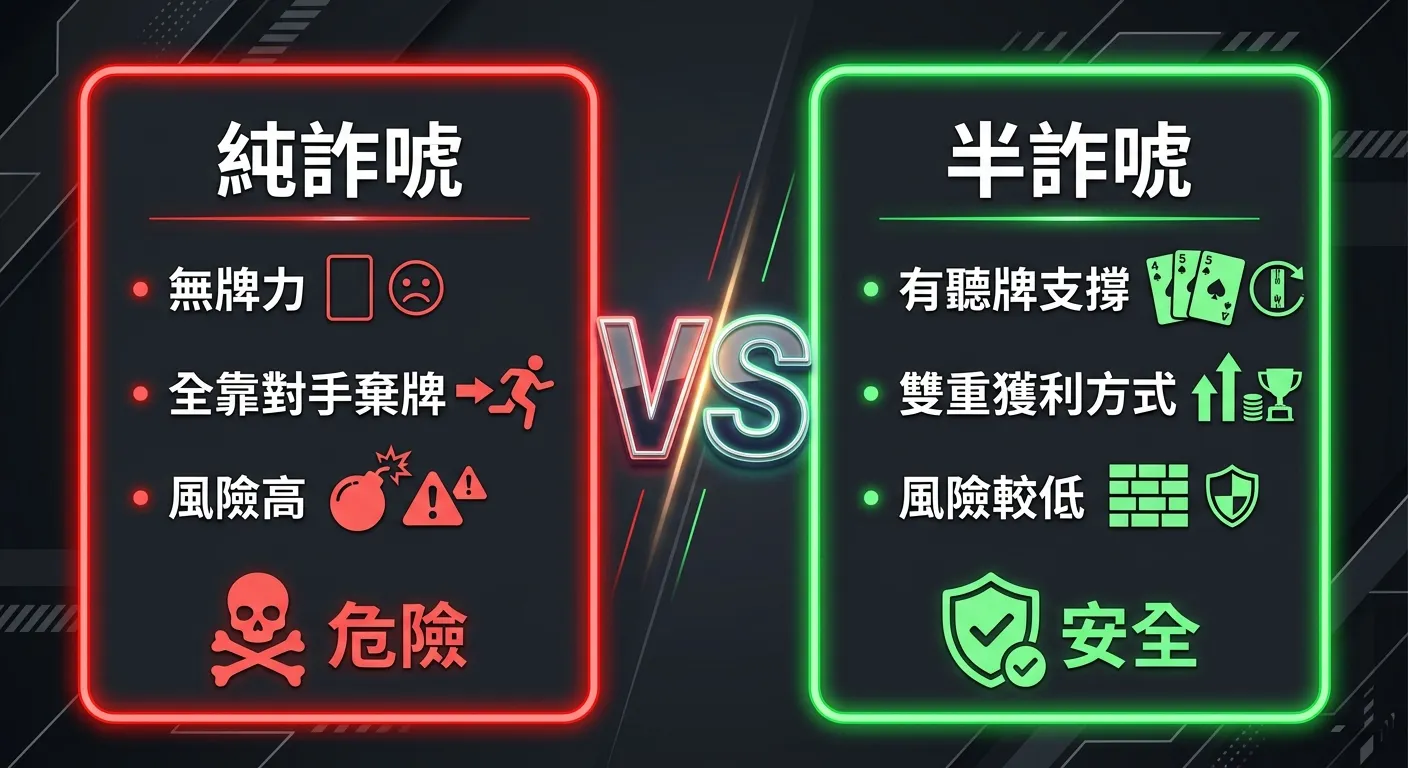 純詐唬 vs 半詐唬對比圖，左右各一個區塊：左側「純詐唬」（紅色邊框）標示特點——無牌力、全靠對手棄牌、風險高，底部以紅色骷髏圖示代表危險；右側「半詐唬」（綠色邊框）標示特點——有聽牌支撐、雙重獲利方式、風險較低，底部以綠色盾牌圖示代表安全。中間以 VS 分隔，配色使用紅綠對比搭配深灰背景