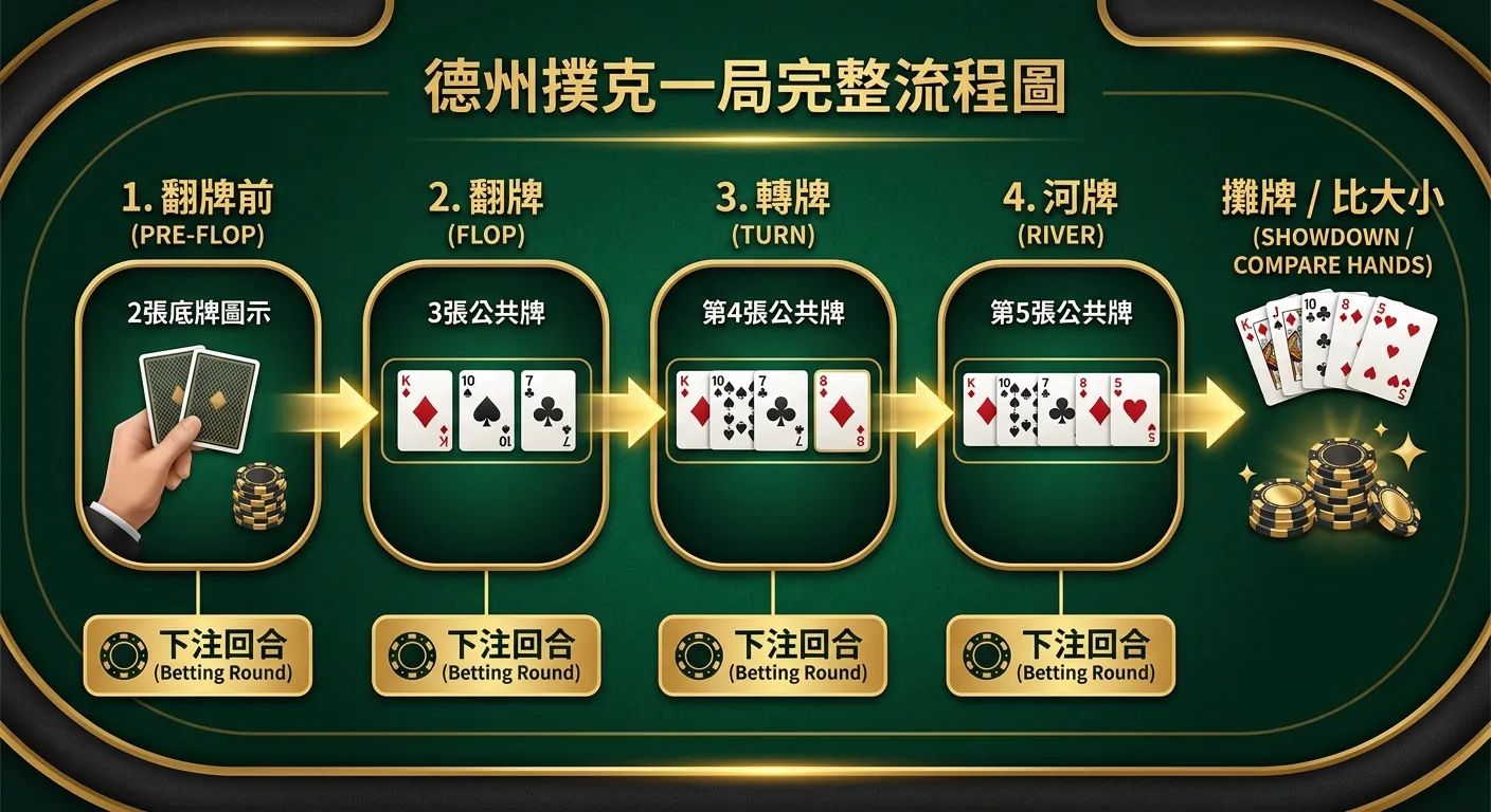 德州撲克一局完整流程圖，由左至右四個階段：翻牌前（2張底牌圖示）→ 翻牌（3張公共牌）→ 轉牌（第4張公共牌）→ 河牌（第5張公共牌），每個階段下方標示「下注回合」，箭頭連接各階段，最右側標示「攤牌/比大小」，配色使用深綠色與金色