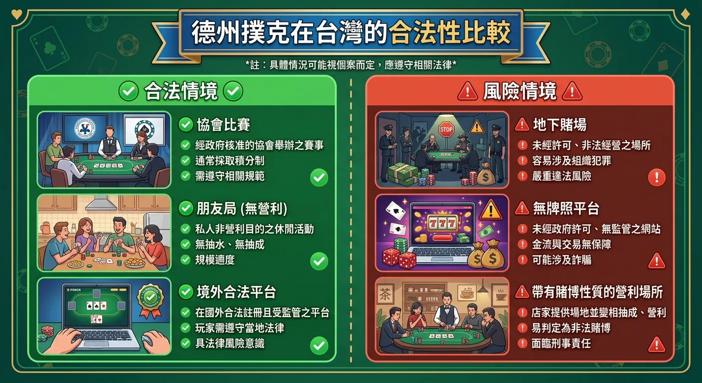 德州撲克在台灣的合法性比較圖，左右對比兩個區塊：左側「合法情境」列出協會比賽、朋友局（無營利）、境外合法平台三項（綠色勾選圖示），右側「風險情境」列出地下賭場、無牌照平台、帶有賭博性質的營利場所三項（紅色警示圖示），中間用虛線分隔
