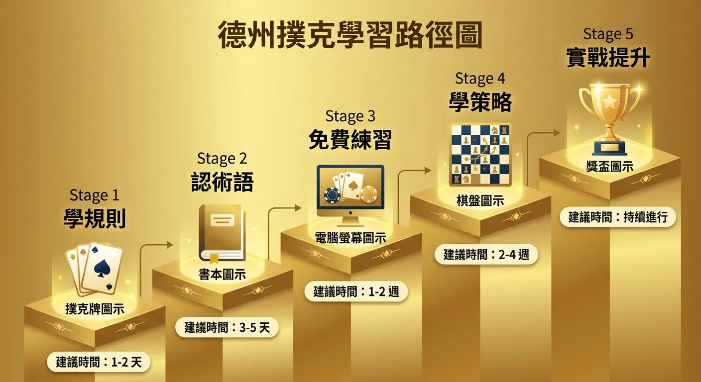 德州撲克學習路徑圖，由左至右五個階段呈階梯式上升：第一階「學規則」（撲克牌圖示）→ 第二階「認術語」（書本圖示）→ 第三階「免費練習」（電腦螢幕圖示）→ 第四階「學策略」（棋盤圖示）→ 第五階「實戰提升」（獎盃圖示），每階標示建議時間，配色使用金色漸層