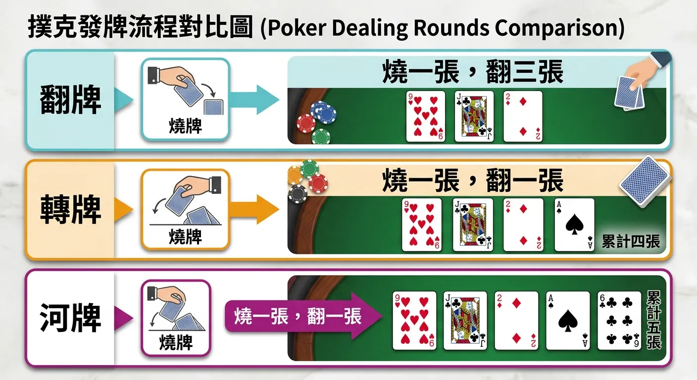 各輪發牌流程對比圖，分為三行：第一行「翻牌」——燒牌圖示 + 三張公共牌面朝上；第二行「轉牌」——燒牌圖示 + 一張公共牌（累計四張）；第三行「河牌」——燒牌圖示 + 一張公共牌（累計五張），每行用不同顏色區分，旁邊附上「燒一張，翻X張」的文字標籤。