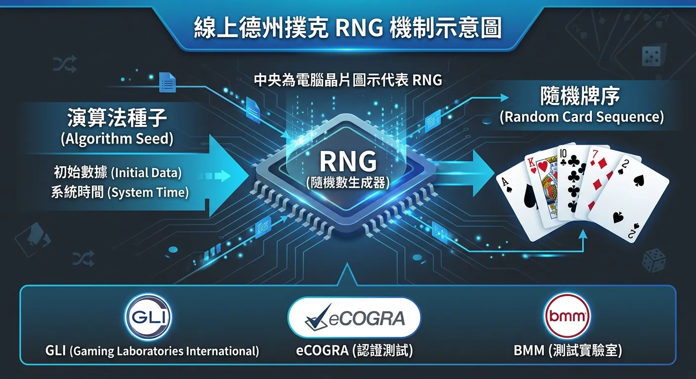 線上德州撲克 RNG 機制示意圖，中央為電腦晶片圖示代表 RNG，左側輸入為「演算法種子」，右側輸出為「隨機牌序」，下方展示三個認證機構的標誌圖示（GLI、eCOGRA、BMM），整體以科技感藍色與深灰色為配色。