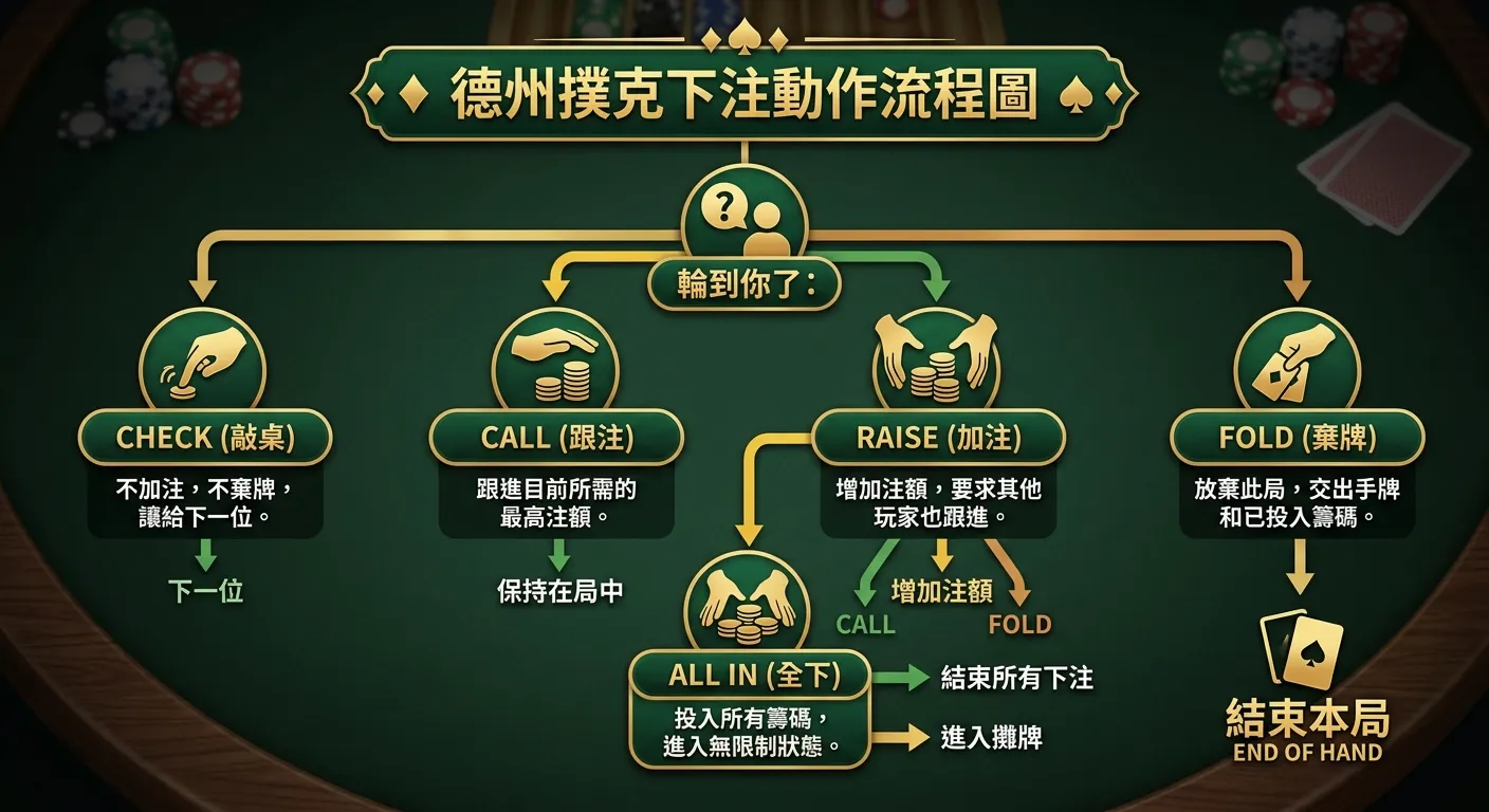 德州撲克下注動作流程圖，以決策樹形式展示玩家輪到時的選擇：Check（敲桌）/ Call（跟注）/ Raise（加注）/ Fold（棄牌）/ All In（全下），每個選項搭配簡易手勢圖示和一句話說明，配色金色與深綠