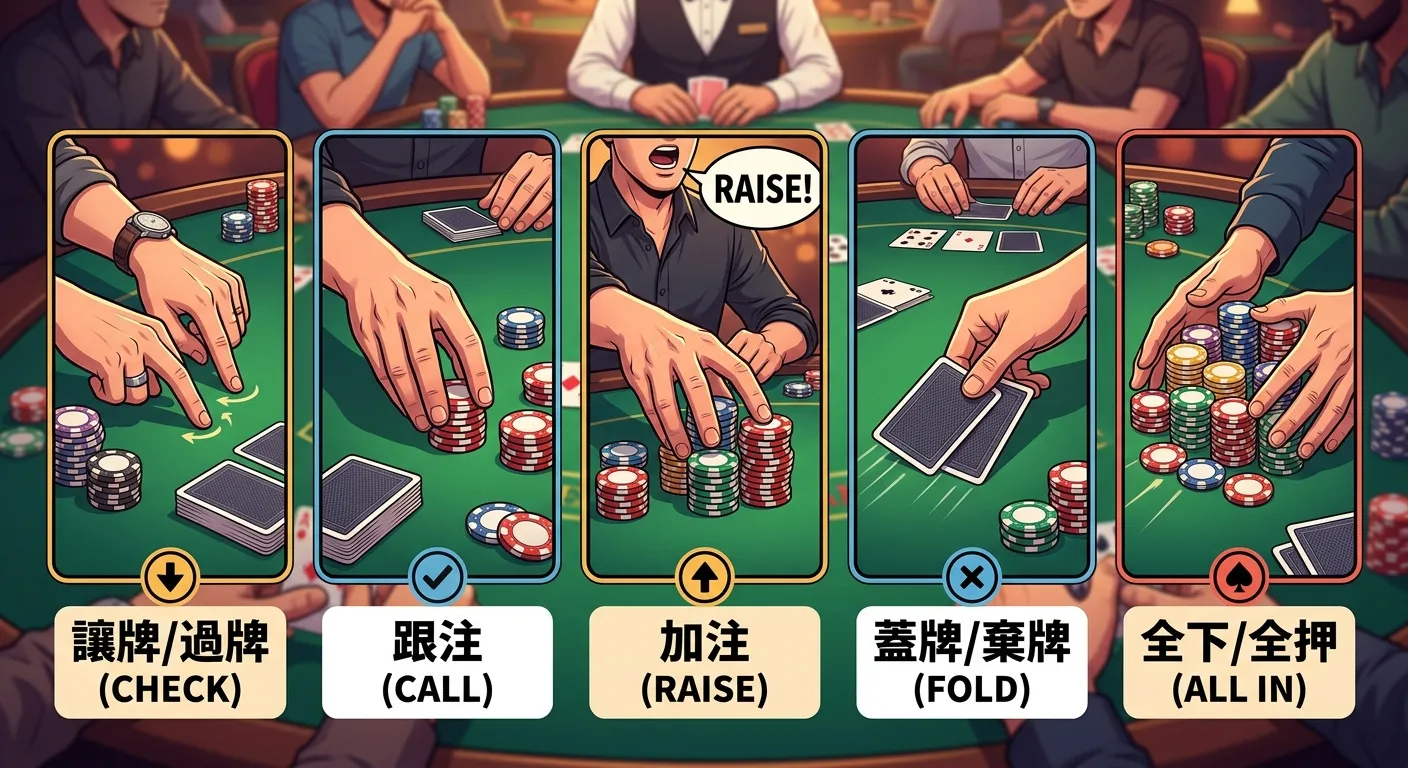 德州撲克五種常見手勢圖解，五個並排的手部動作示意圖：Check（手指敲桌面）、Call（推出等額籌碼）、Raise（口頭宣告+推籌碼）、Fold（牌面朝下推出）、All In（雙手推出全部籌碼），每個動作下方標示中英文名稱