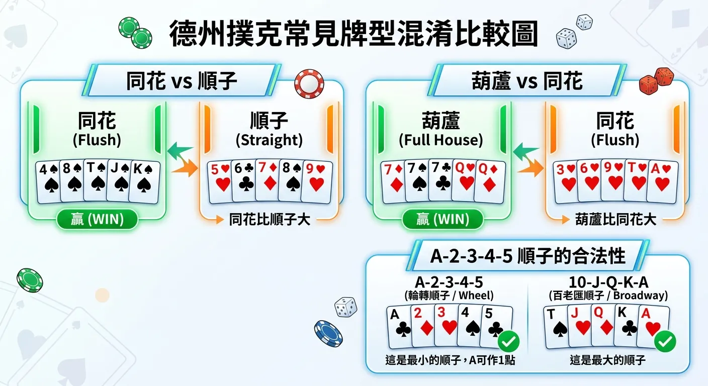 德州撲克牌型常見混淆情境比較圖，分為三個區塊：(1) 同花 vs 順子（同花以綠色標示「贏」）(2) 葫蘆 vs 同花（葫蘆以綠色標示「贏」）(3) A-2-3-4-5 順子的合法性（綠色勾選），每個區塊附上簡短說明文字，清晰的對比配色。
