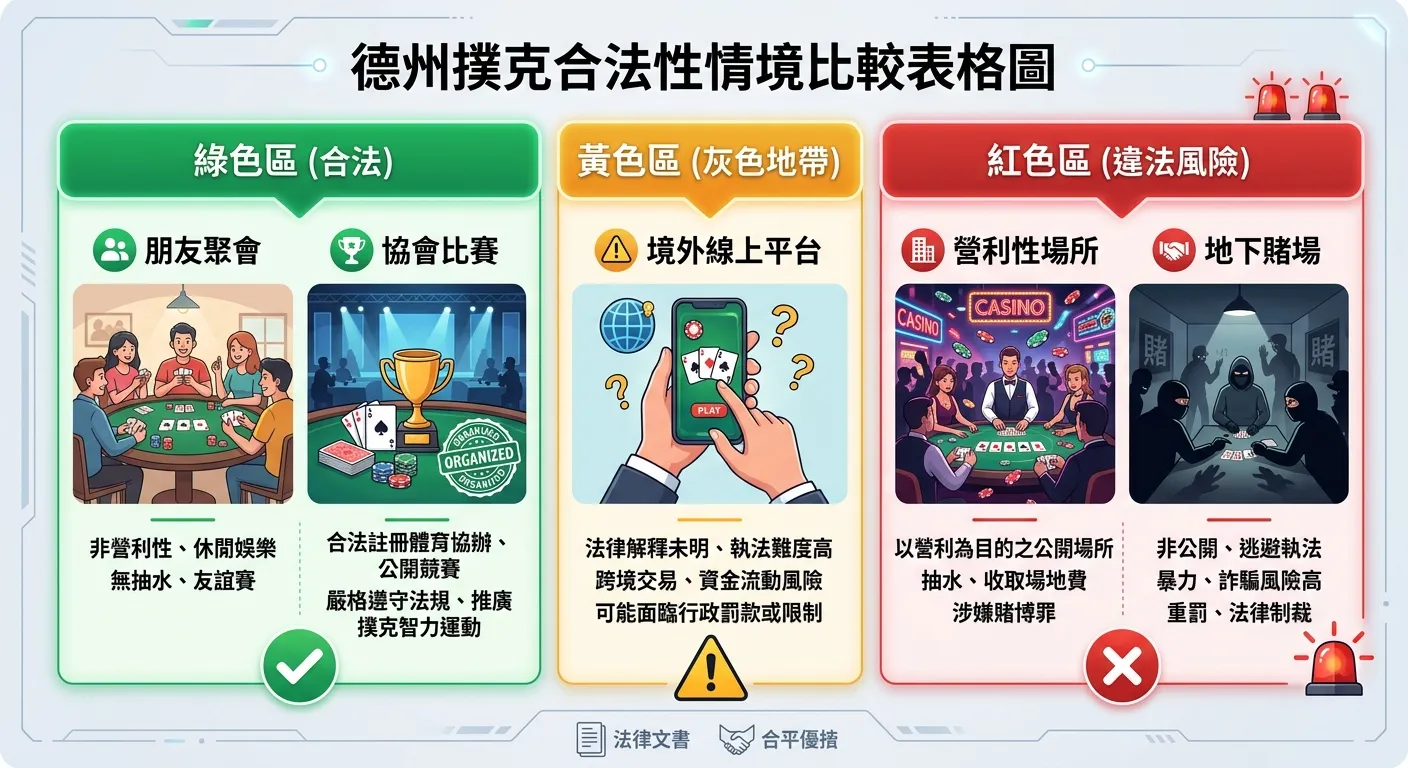 德州撲克合法性情境比較表格圖，三個區塊：綠色區（合法）列出朋友局和協會比賽、黃色區（灰色地帶）列出境外線上平台、紅色區（違法風險）列出營利性場所和地下賭場，每個區塊搭配圖示