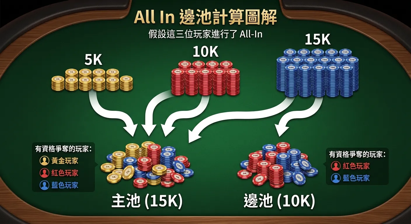 All In 邊池計算圖解，上方為三位玩家的籌碼堆（5K、10K、15K），中間用箭頭指向下方的兩個池子：主池（15K，三種顏色籌碼混合）和邊池（10K，兩種顏色籌碼），每個池子旁標示「有資格爭奪的玩家」。配色使用深綠牌桌色搭配金紅藍三色籌碼