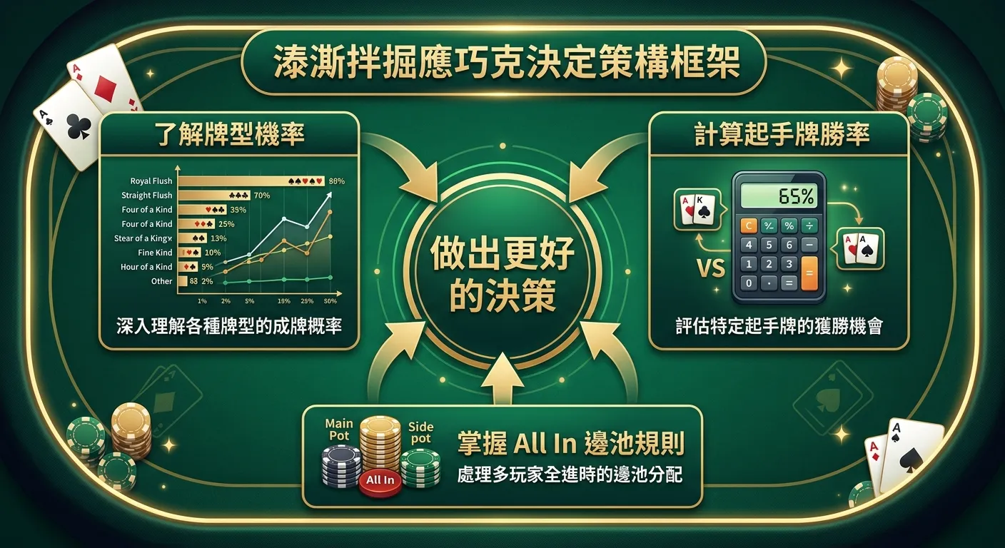 德州撲克決策框架資訊圖，中央為「做出更好的決策」文字，周圍三個要素：「了解牌型機率」（機率圖表圖示）、「計算起手牌勝率」（計算機圖示）、「掌握 All In 邊池規則」（籌碼圖示），三個要素以箭頭指向中央。配色使用深綠與金色