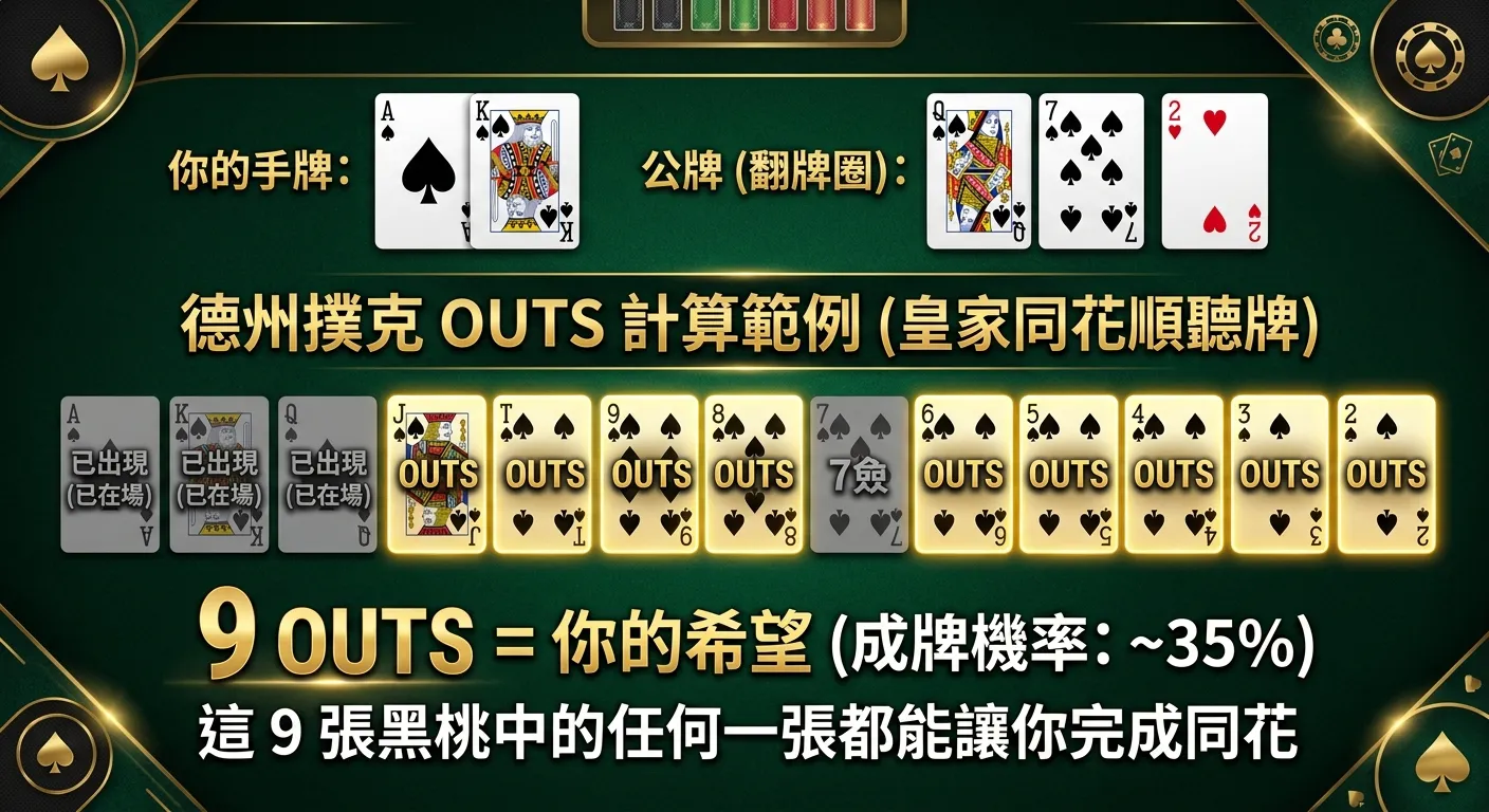 德州撲克 Outs 計算範例圖，上方展示一個具體牌面：手牌 A♠K♠，公牌 Q♠7♠2♥，下方以牌面形式展示 13 張黑桃，其中 4 張標記為「已出現」（灰色半透明），剩餘 9 張標記為「Outs」（金色高亮），底部文字「9 Outs = 你的希望」，配色使用深綠背景搭配金色標示